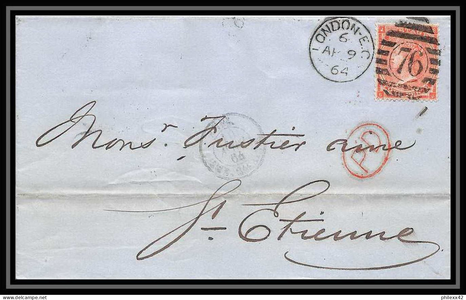 35730 N°32 Victoria 4p Red London St Etienne France 1864 Cachet 76 Lettre Cover Grande Bretagne England - Lettres & Documents