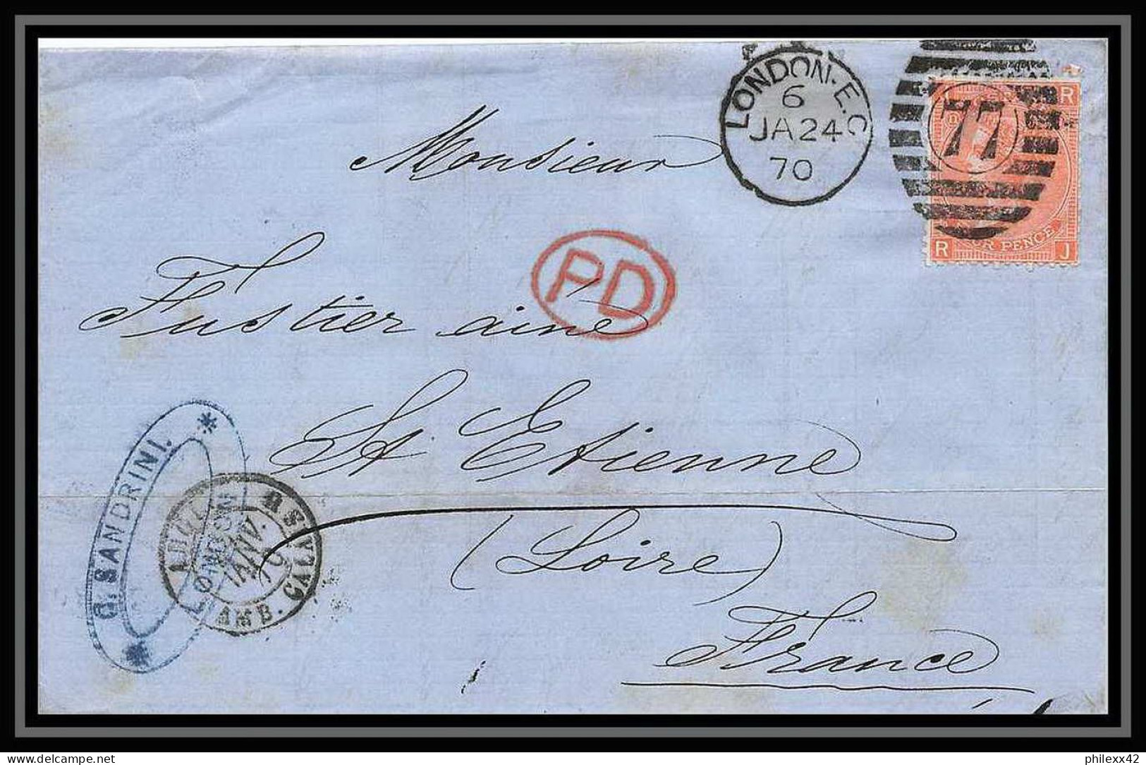 35734 N°32 Victoria 4p Red London St Etienne France 1870 Cachet 77 Lettre Cover Grande Bretagne England - Lettres & Documents