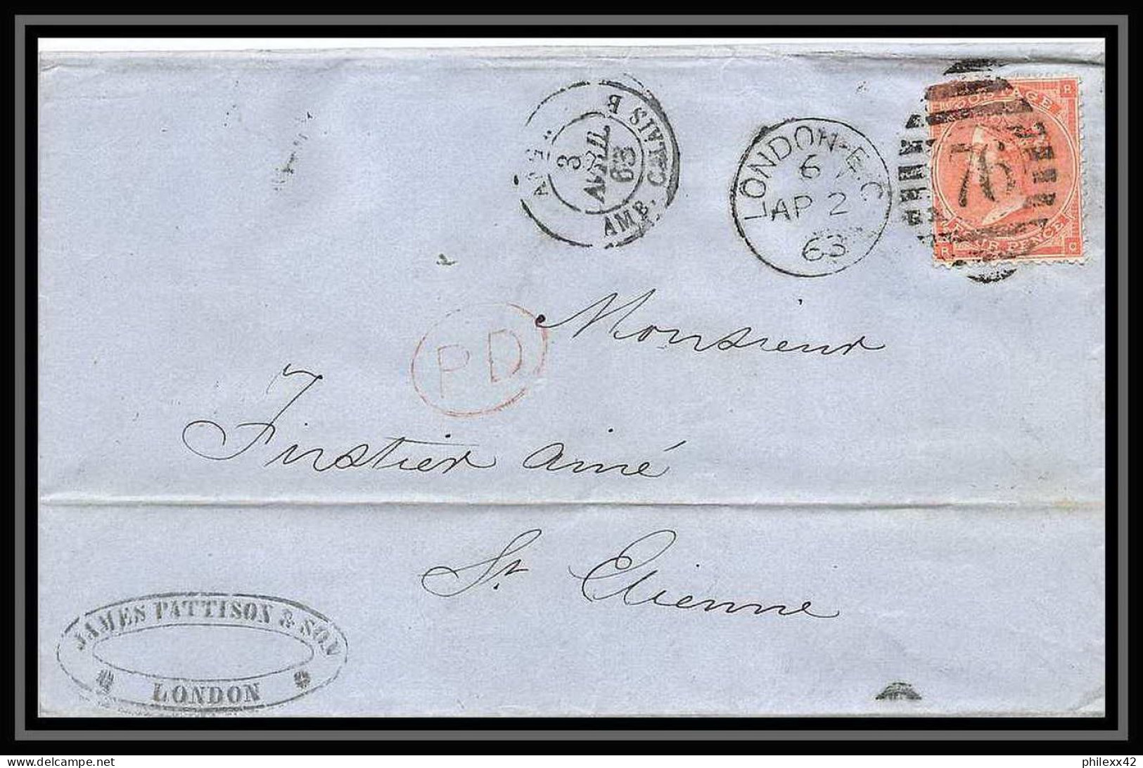 35733 N°32 Victoria 4p Red London St Etienne France 1863 Cachet 76 Lettre Cover Grande Bretagne England - Cartas & Documentos
