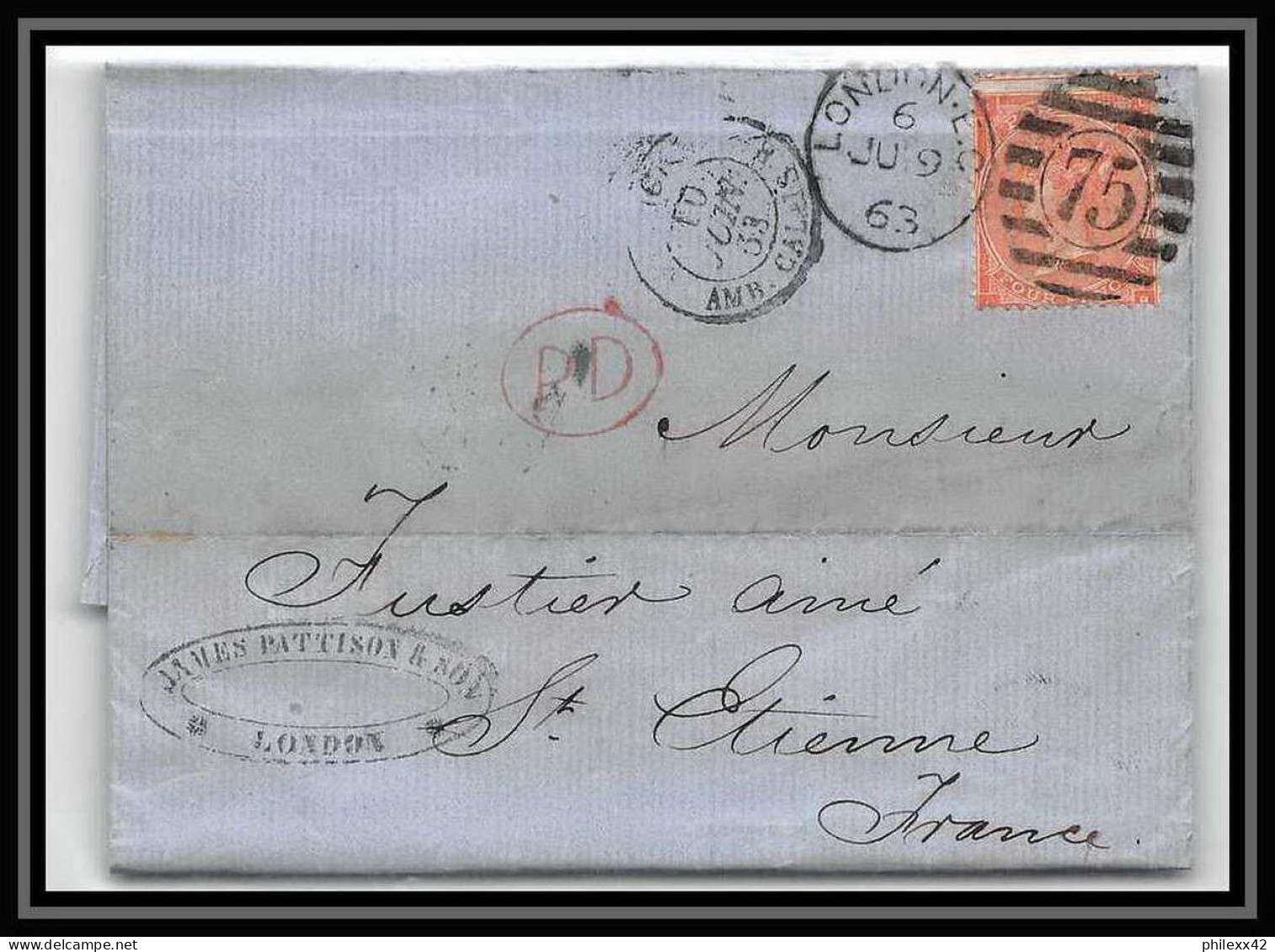 35729 N°32 Victoria 4p Red London St Etienne France 1863 Cachet 75 Lettre Cover Grande Bretagne England - Briefe U. Dokumente