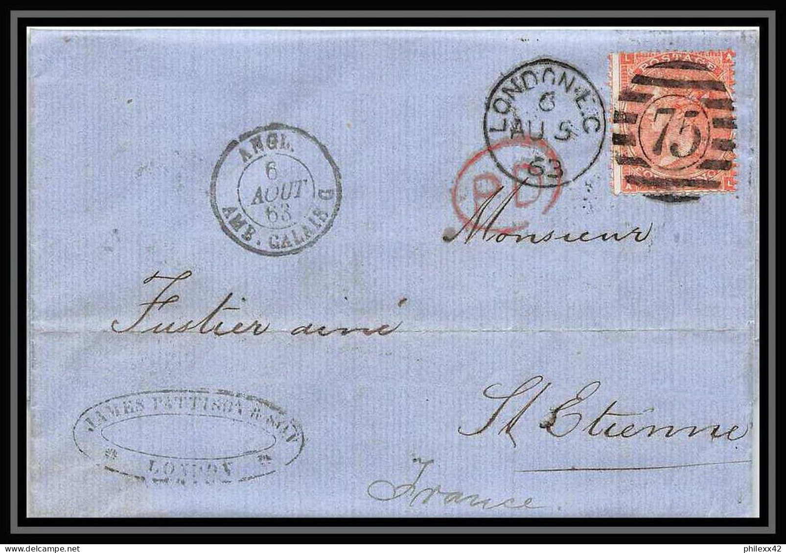 35726 N°32 Victoria 4p Red London St Etienne France 1863 Cachet 75 Lettre Cover Grande Bretagne England - Covers & Documents