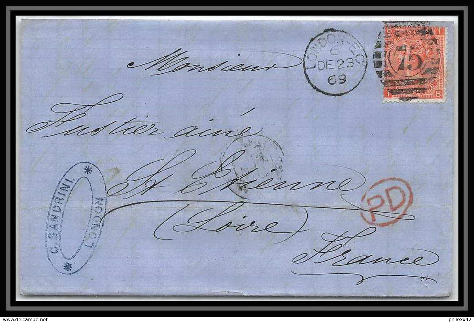 35727 N°32 Victoria 4p Red London St Etienne France 1869 Cachet 75 Lettre Cover Grande Bretagne England - Briefe U. Dokumente