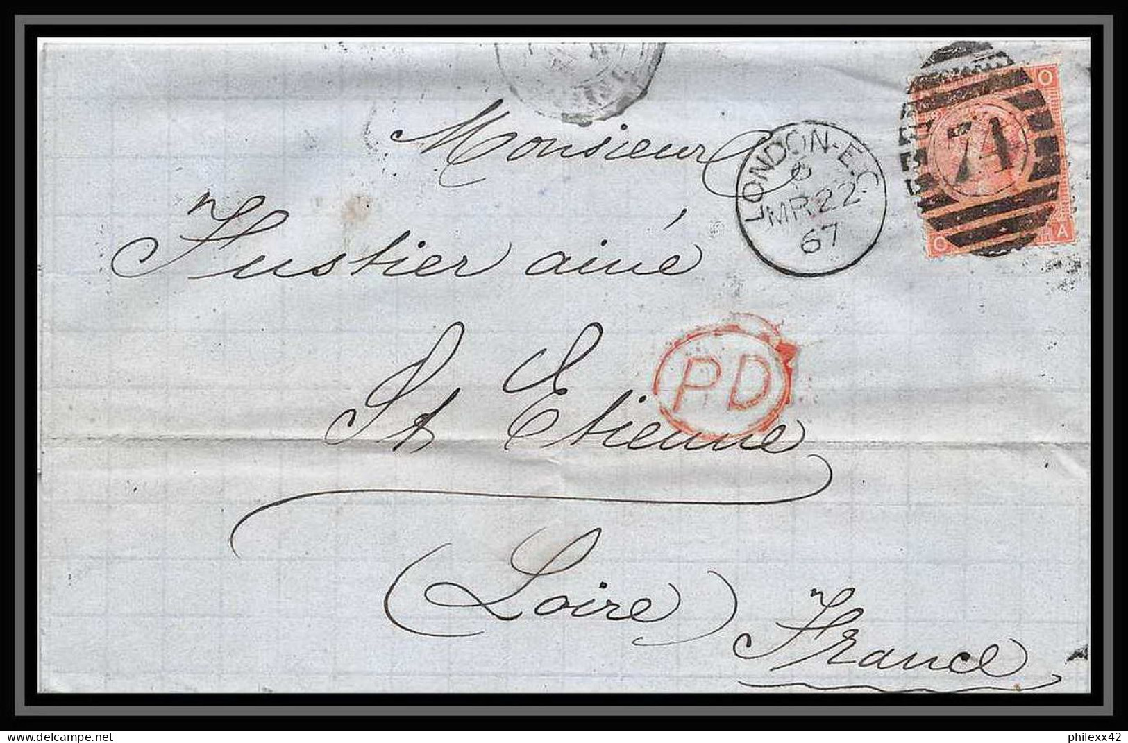 35720 N°32 Victoria 4p Red London St Etienne France 1867 Cachet 74 Lettre Cover Grande Bretagne England - Lettres & Documents