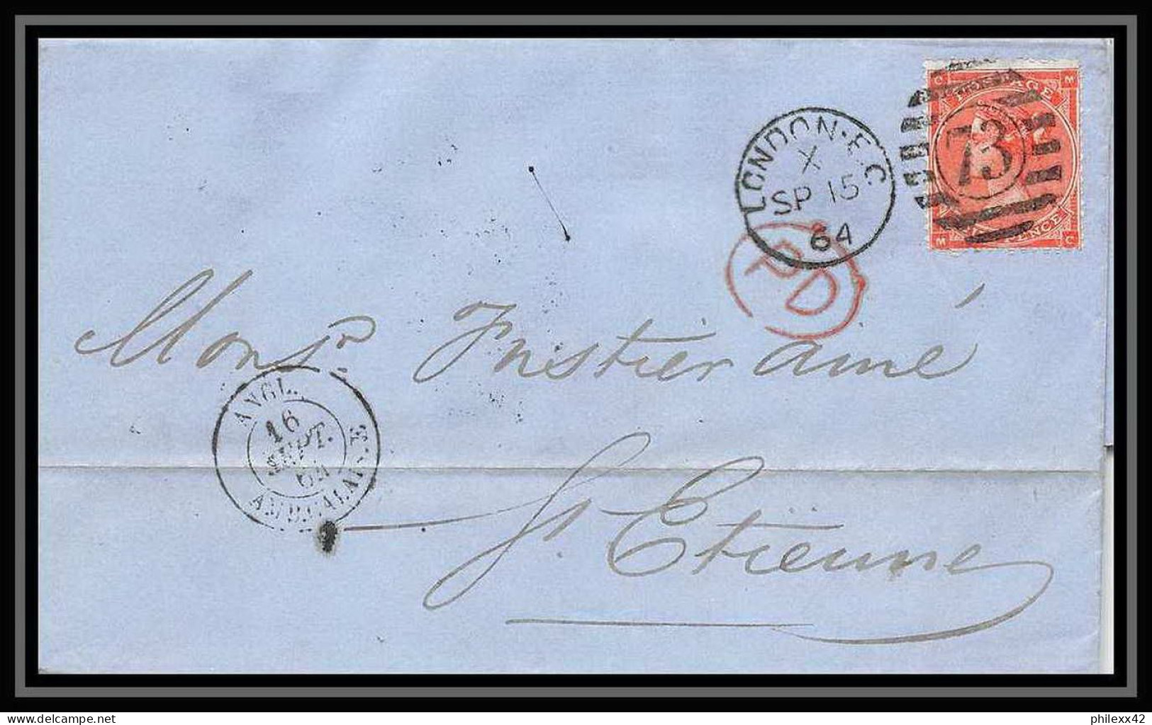 35715 N°32 Victoria 4p Red London St Etienne France 1864 Cachet 73 Lettre Cover Grande Bretagne England - Covers & Documents