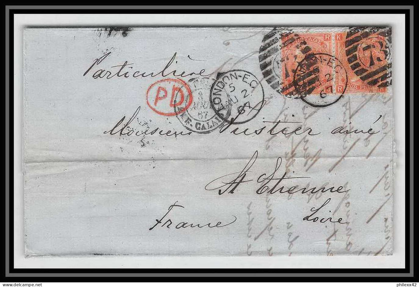 35717 N°32 Victoria 4p London St Etienne France 1867 Cachet 73 Paire Lettre Cover Grande Bretagne England - Cartas & Documentos