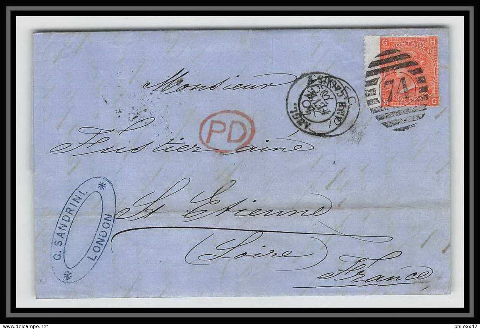 35719 N°32 Victoria 4p Red London St Etienne France 1870 Cachet 74 Lettre Cover Grande Bretagne England - Storia Postale