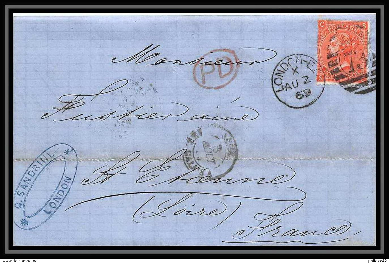 35714 N°32 Victoria 4p Red London St Etienne France 1869 Cachet 73 Lettre Cover Grande Bretagne England - Covers & Documents