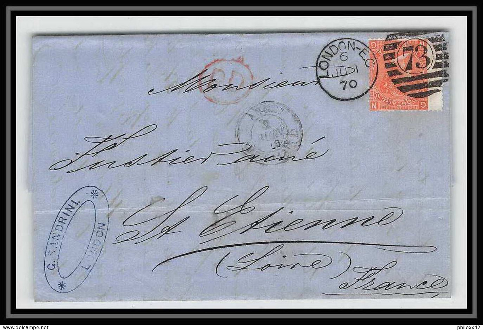 35716 N°32 Victoria 4p Red London St Etienne France 1870 Cachet 73 Lettre Cover Grande Bretagne England - Covers & Documents