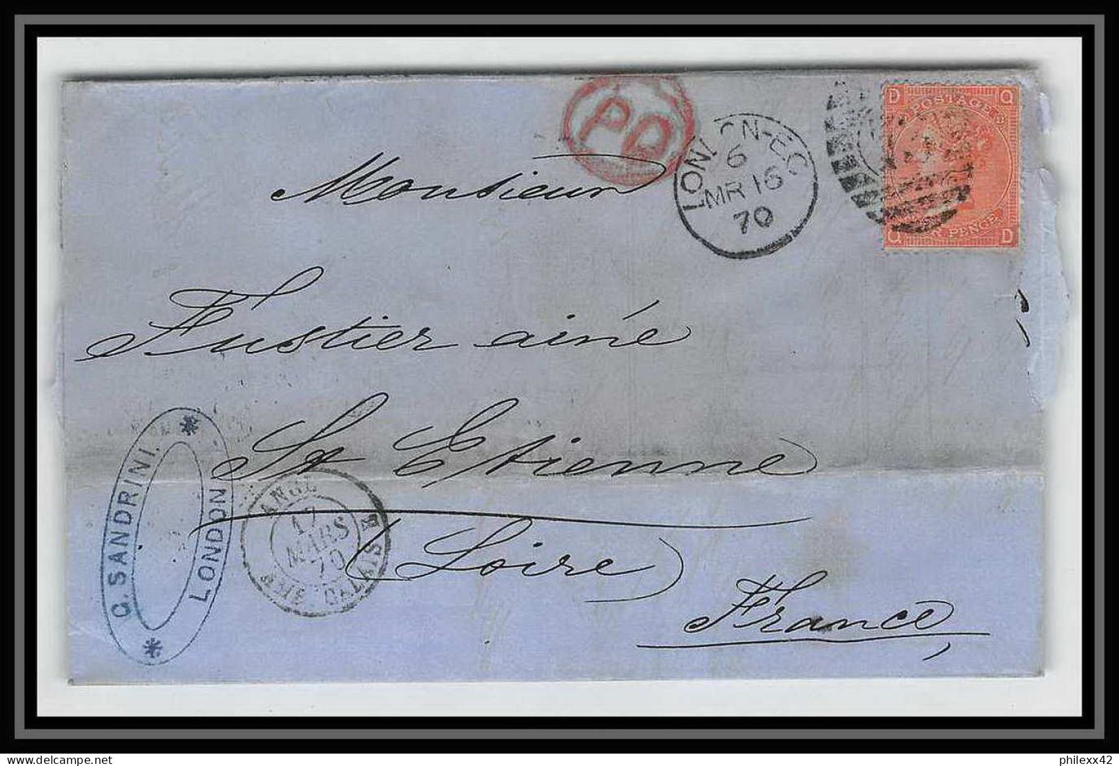 35712 N°32 Victoria 4p Red London St Etienne France 1870 Cachet 73 Lettre Cover Grande Bretagne England - Briefe U. Dokumente