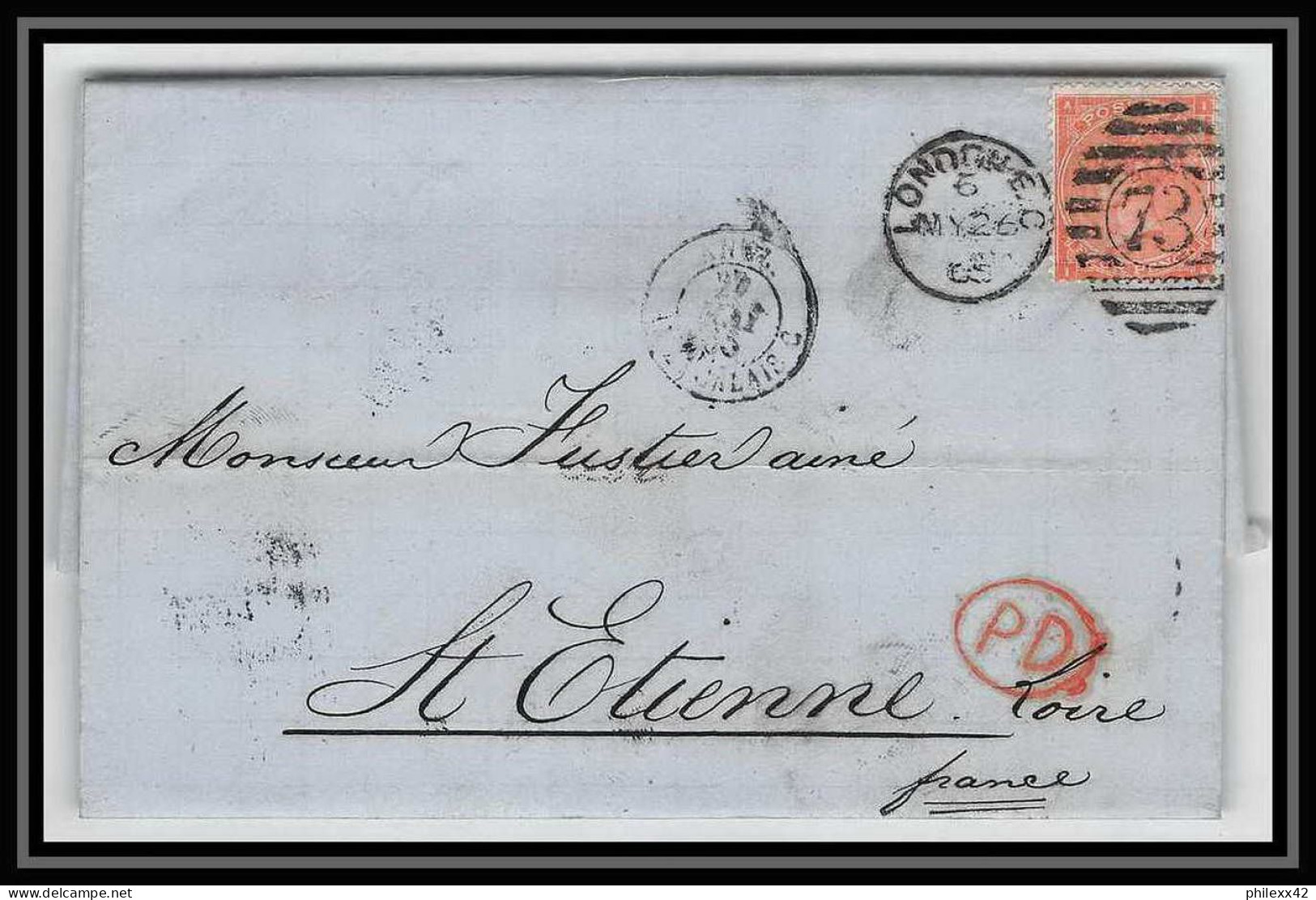 35713 N°32 Victoria 4p Red London St Etienne France 1865 Cachet 73 Lettre Cover Grande Bretagne England - Covers & Documents