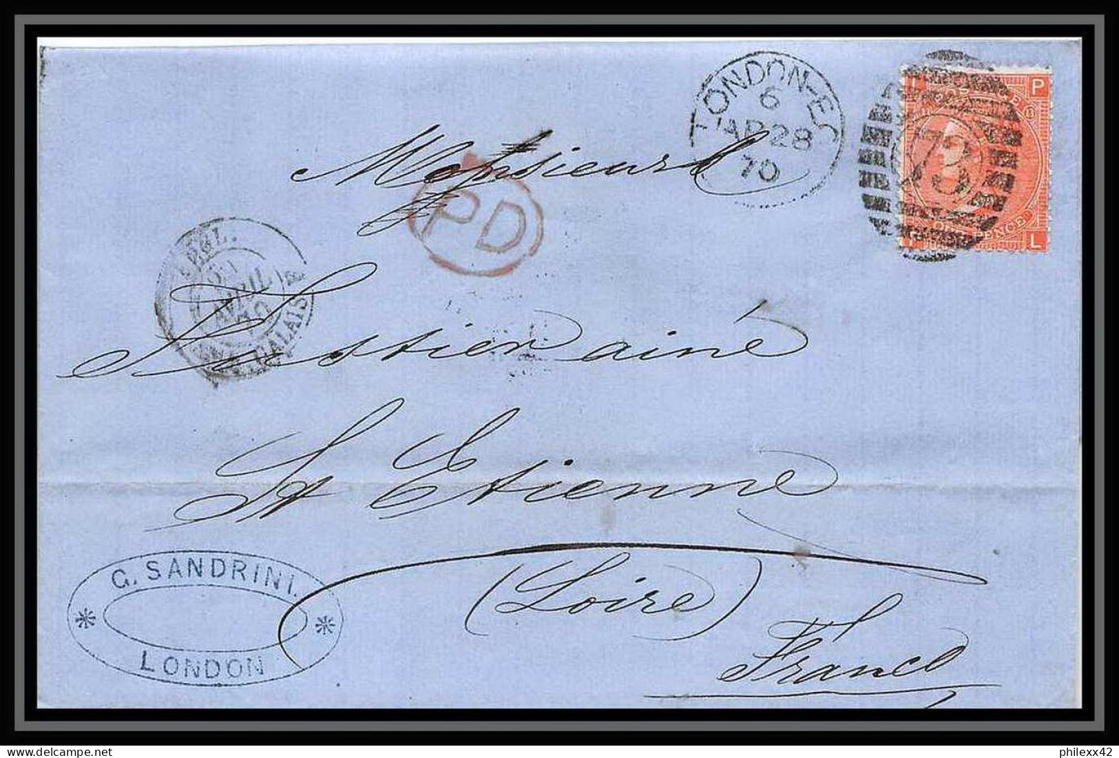 35711 N°32 Victoria 4p Red London St Etienne France 1870 Cachet 73 Lettre Cover Grande Bretagne England - Covers & Documents