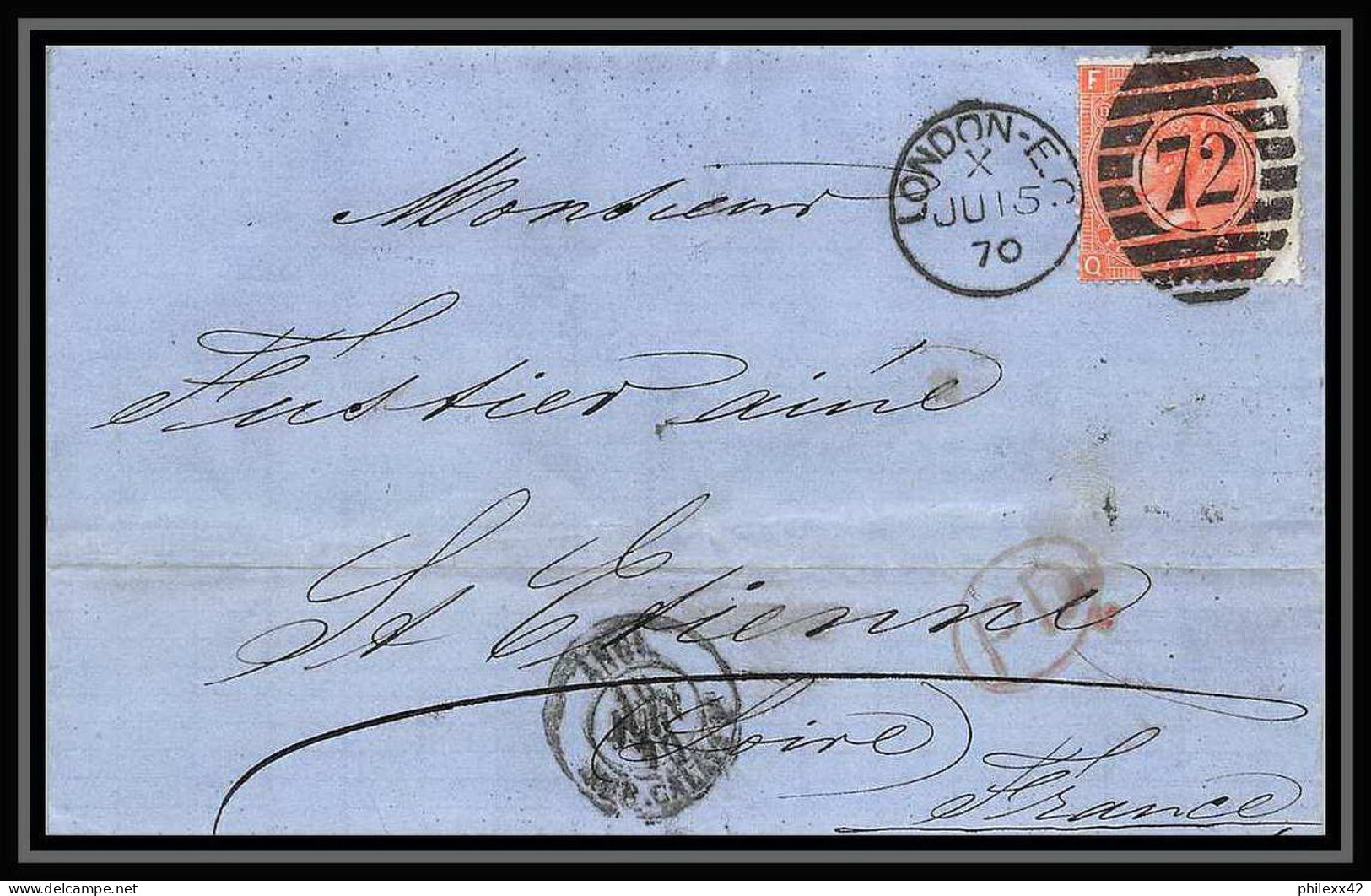 35709 N°32 Victoria 4p Red London St Etienne France 1870 Cachet 72 Lettre Cover Grande Bretagne England - Lettres & Documents