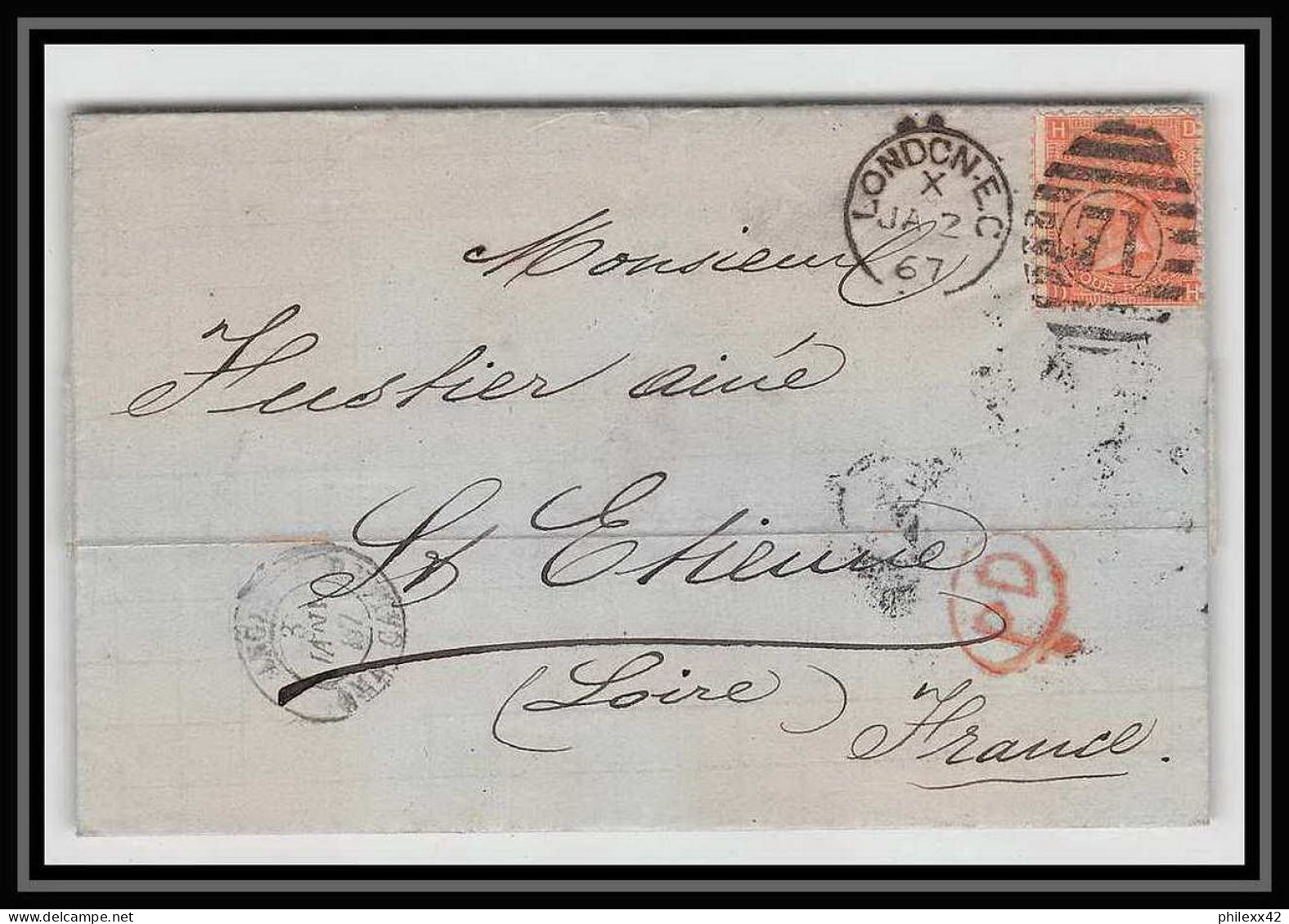 35695 N°32 Victoria 4p Red London St Etienne France 1867 Cachet 71 Lettre Cover Grande Bretagne England - Cartas & Documentos
