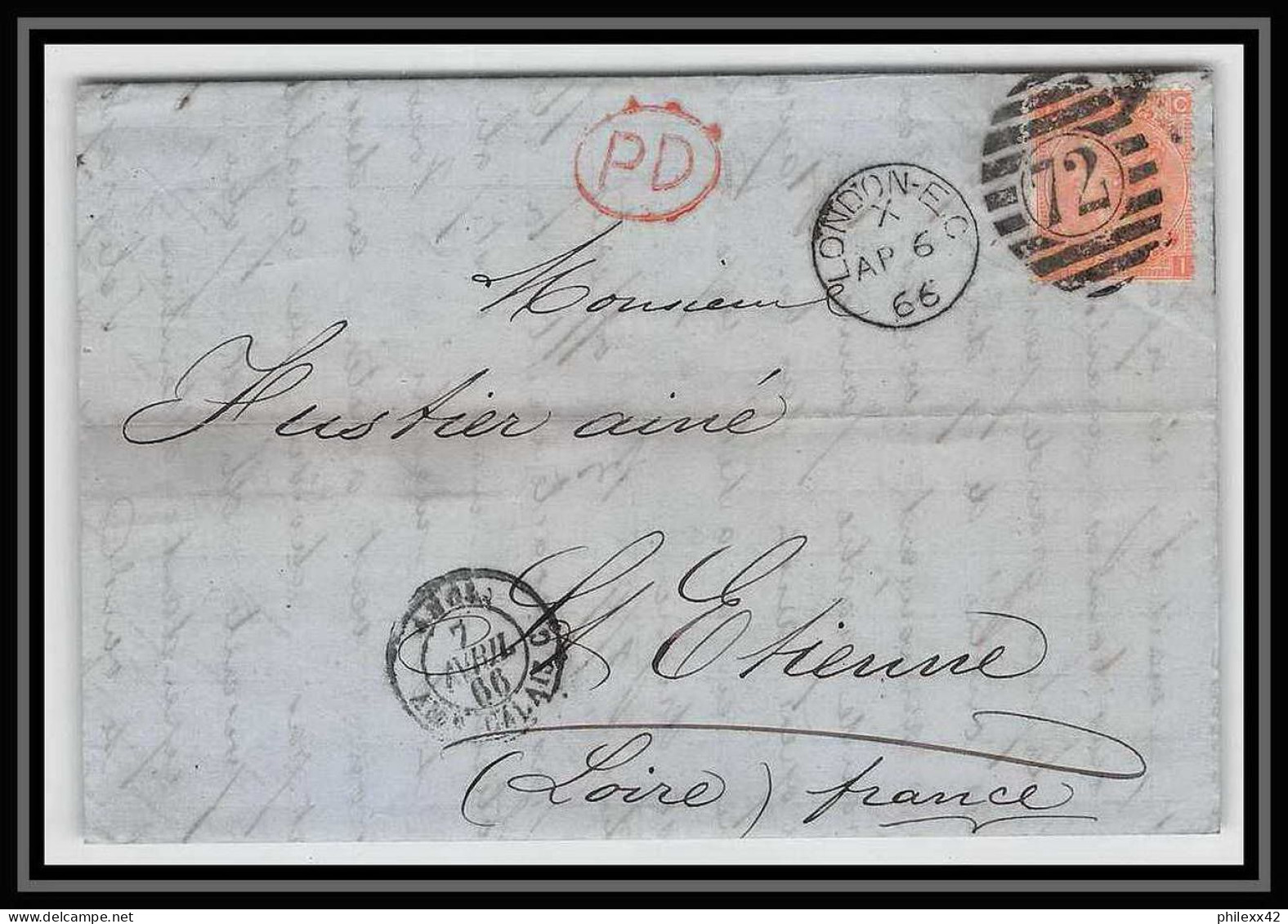 35703 N°32 Victoria 4p Red London St Etienne France 1866 Cachet 72 Lettre Cover Grande Bretagne England - Cartas & Documentos