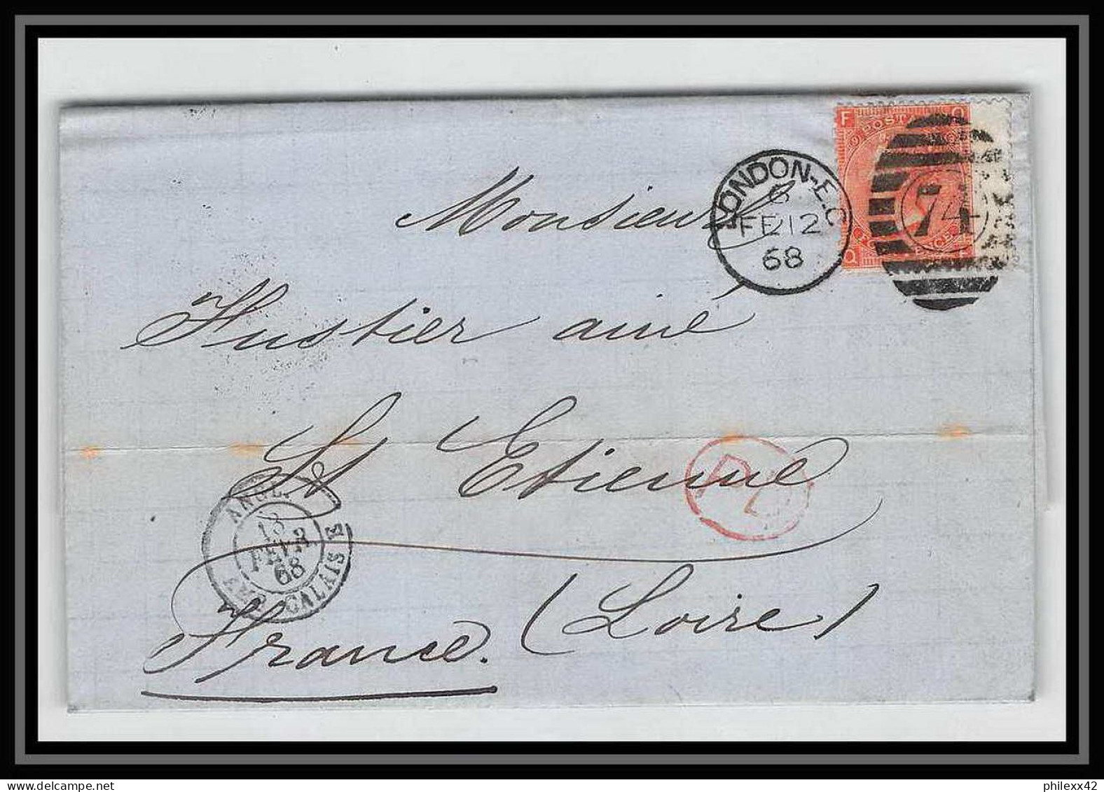 35702 N°32 Victoria 4p Red London St Etienne France 1868 Cachet 71 Lettre Cover Grande Bretagne England - Covers & Documents