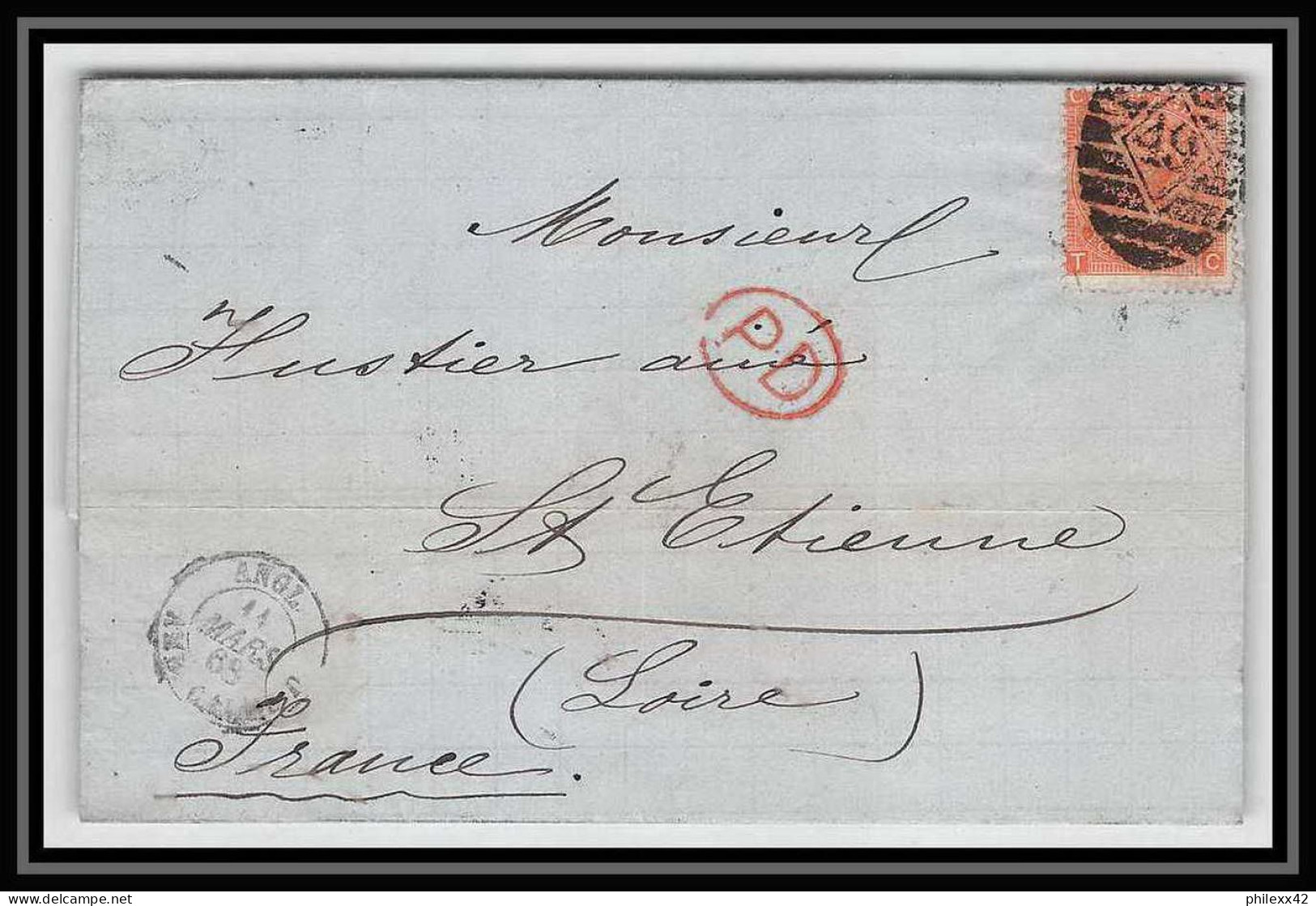 35692 N°32 Victoria 4p Red London St Etienne France 1868 Cachet 49 Lettre Cover Grande Bretagne England - Cartas & Documentos