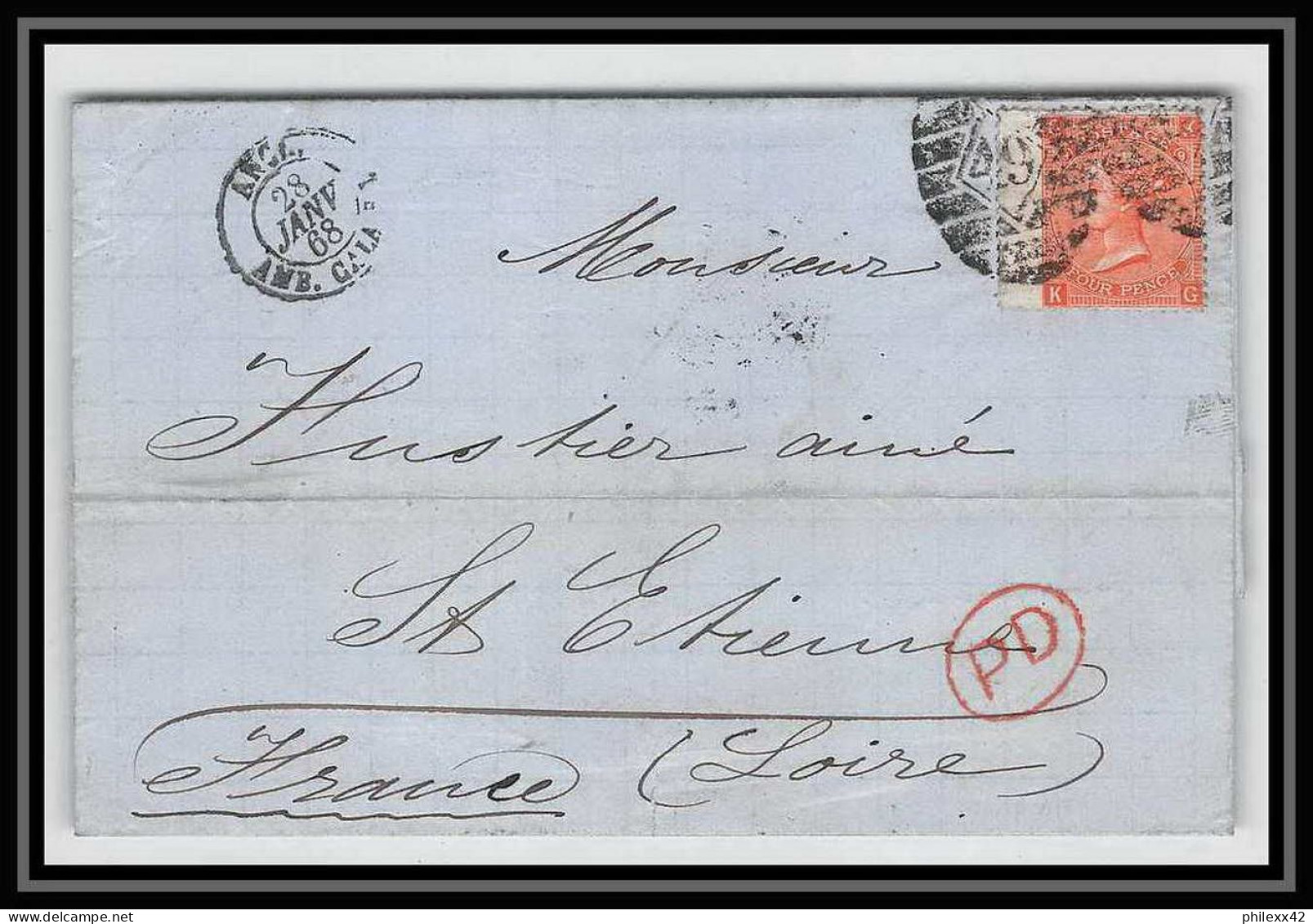 35689 N°32 Victoria 4p Red London St Etienne France 1868 Cachet 49 Lettre Cover Grande Bretagne England - Briefe U. Dokumente