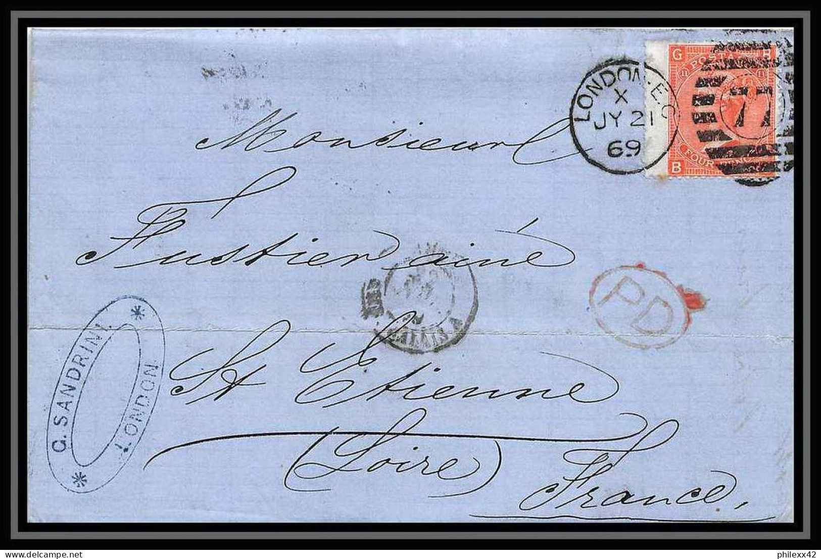 35737 N°32 Victoria 4p Red London St Etienne France 1869 Cachet 77 Lettre Cover Grande Bretagne England - Lettres & Documents