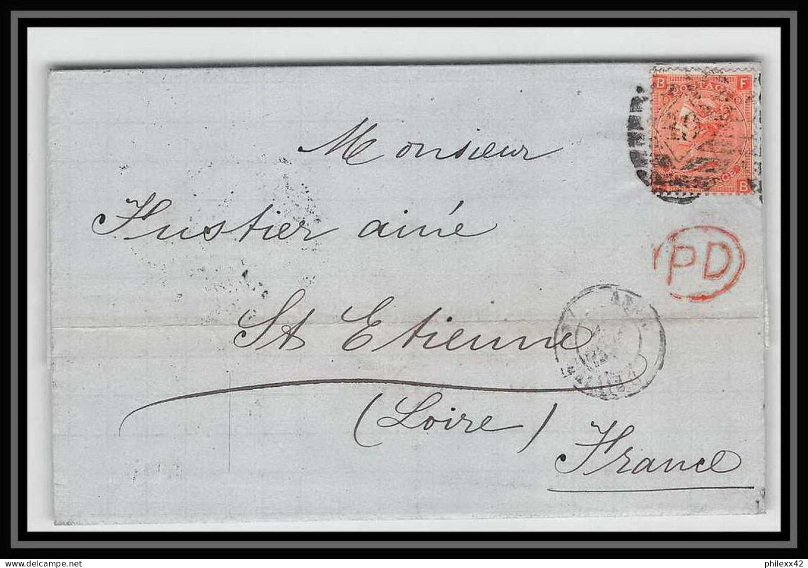 35684 N°32 Victoria 4p Red London St Etienne France 1868 Cachet 49 Lettre Cover Grande Bretagne England - Lettres & Documents