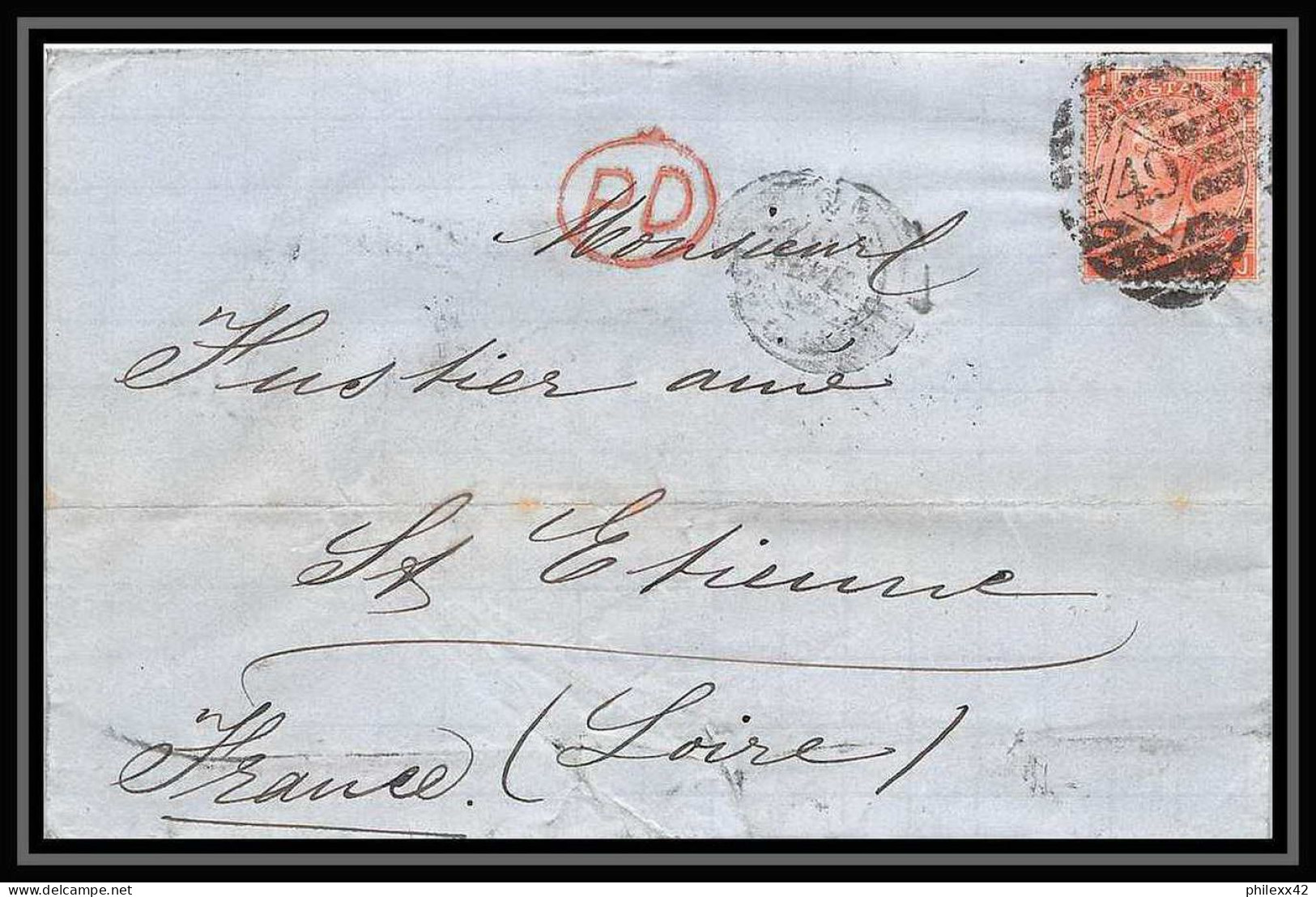 35682 N°32 Victoria 4p Red London St Etienne France 1868 Cachet 49 Lettre Cover Grande Bretagne England - Covers & Documents