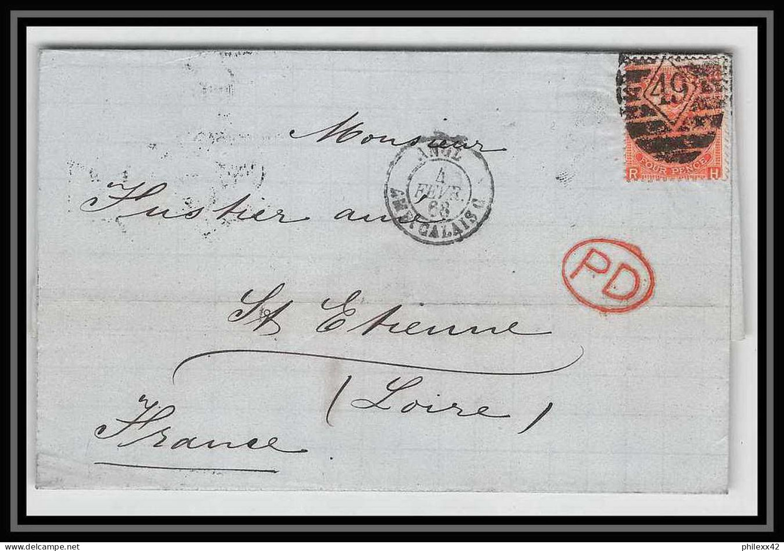35681 N°32 Victoria 4p Red London St Etienne France 1867 Cachet 49 Lettre Cover Grande Bretagne England - Covers & Documents