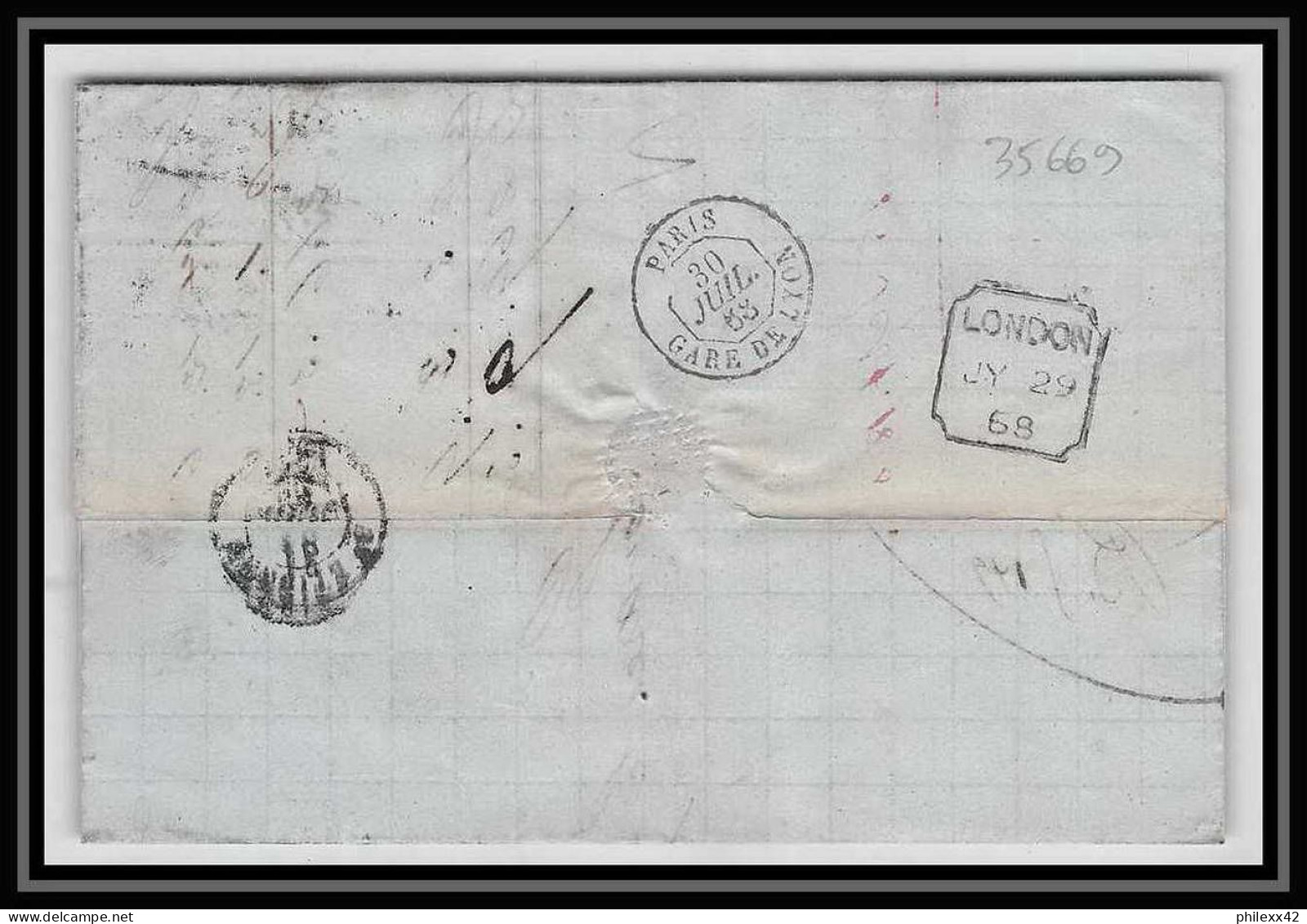 35669 N°32 Victoria 4p Red London St Etienne France 1868 Cachet 48 Lettre Cover Grande Bretagne England - Lettres & Documents