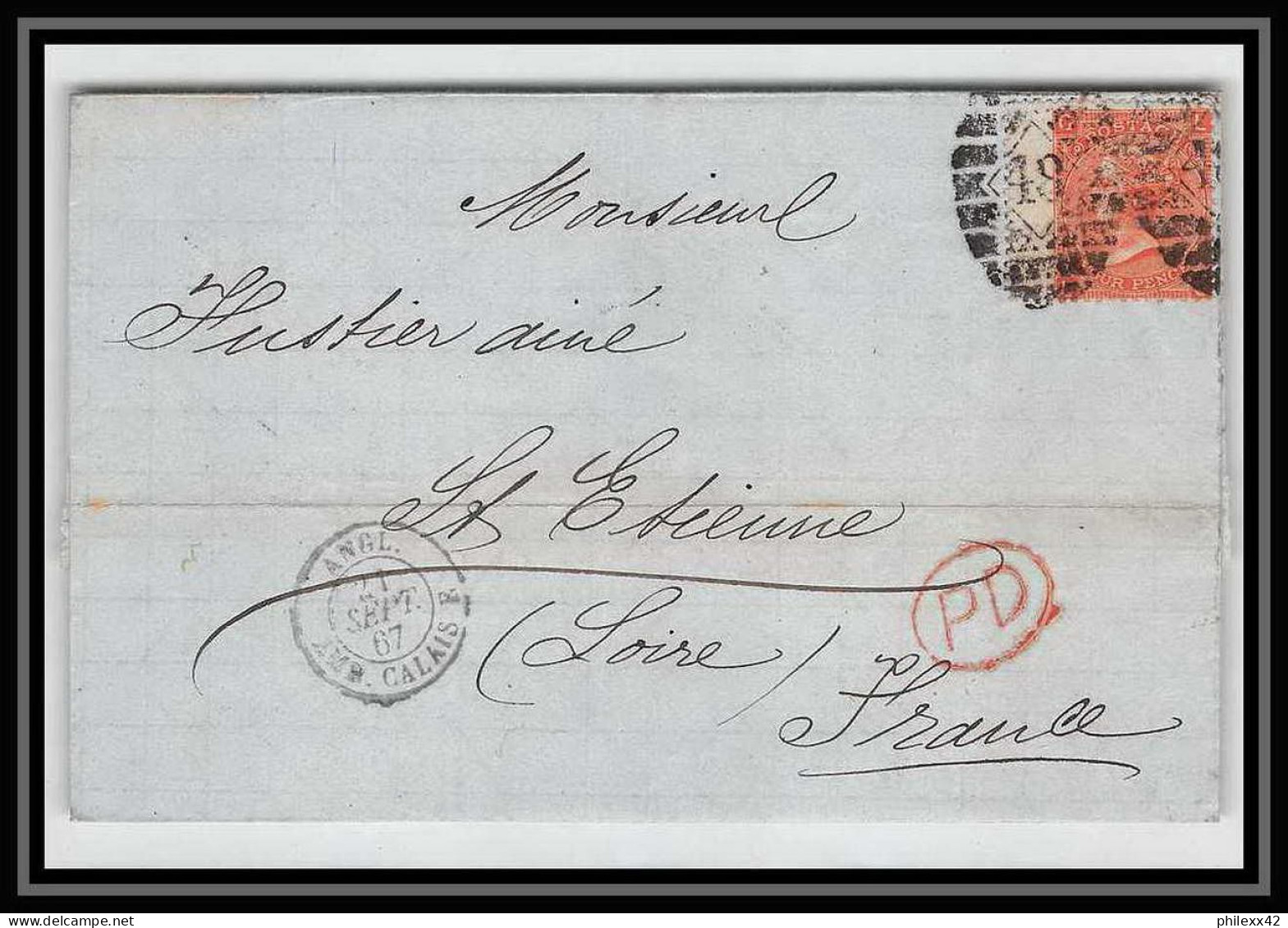 35675 N°32 Victoria 4p Red London St Etienne France 1867 Cachet 48 Lettre Cover Grande Bretagne England - Brieven En Documenten