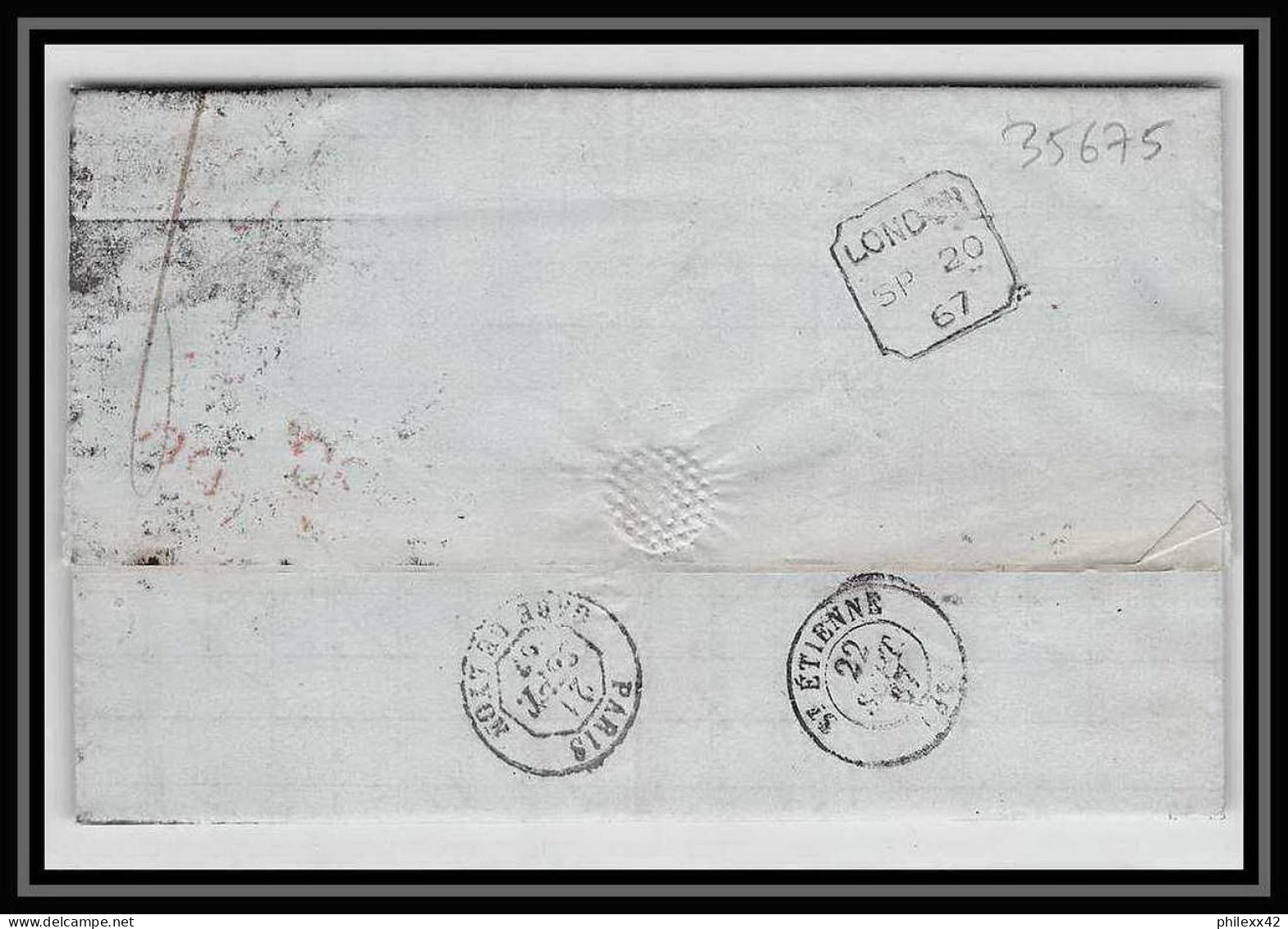 35675 N°32 Victoria 4p Red London St Etienne France 1867 Cachet 48 Lettre Cover Grande Bretagne England - Covers & Documents