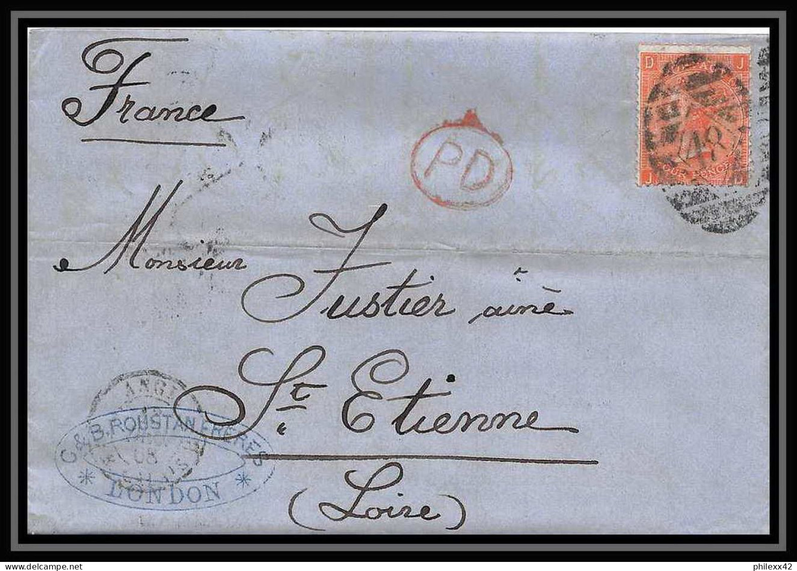 35667 N°32 Victoria 4p Red London St Etienne France 1868 Cachet 48 Lettre Cover Grande Bretagne England - Lettres & Documents
