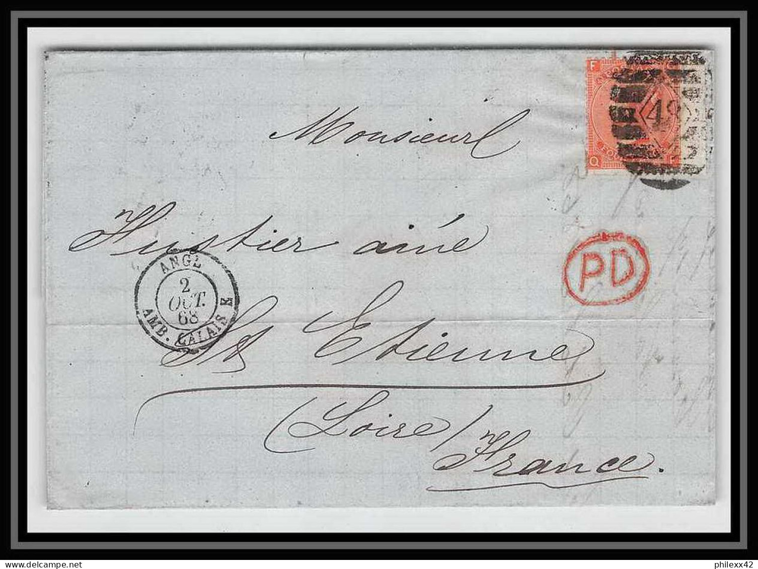 35674 N°32 Victoria 4p Red London St Etienne France 1868 Cachet 48 Lettre Cover Grande Bretagne England - Lettres & Documents