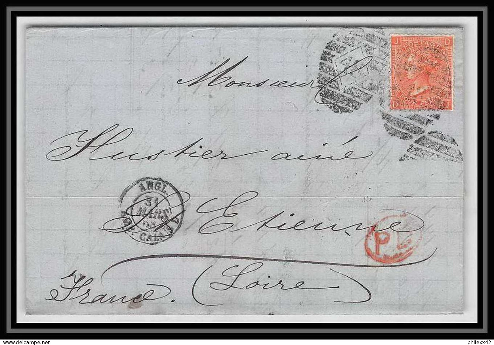 35671 N°32 Victoria 4p Red London St Etienne France 1868 Cachet 48 Lettre Cover Grande Bretagne England - Storia Postale