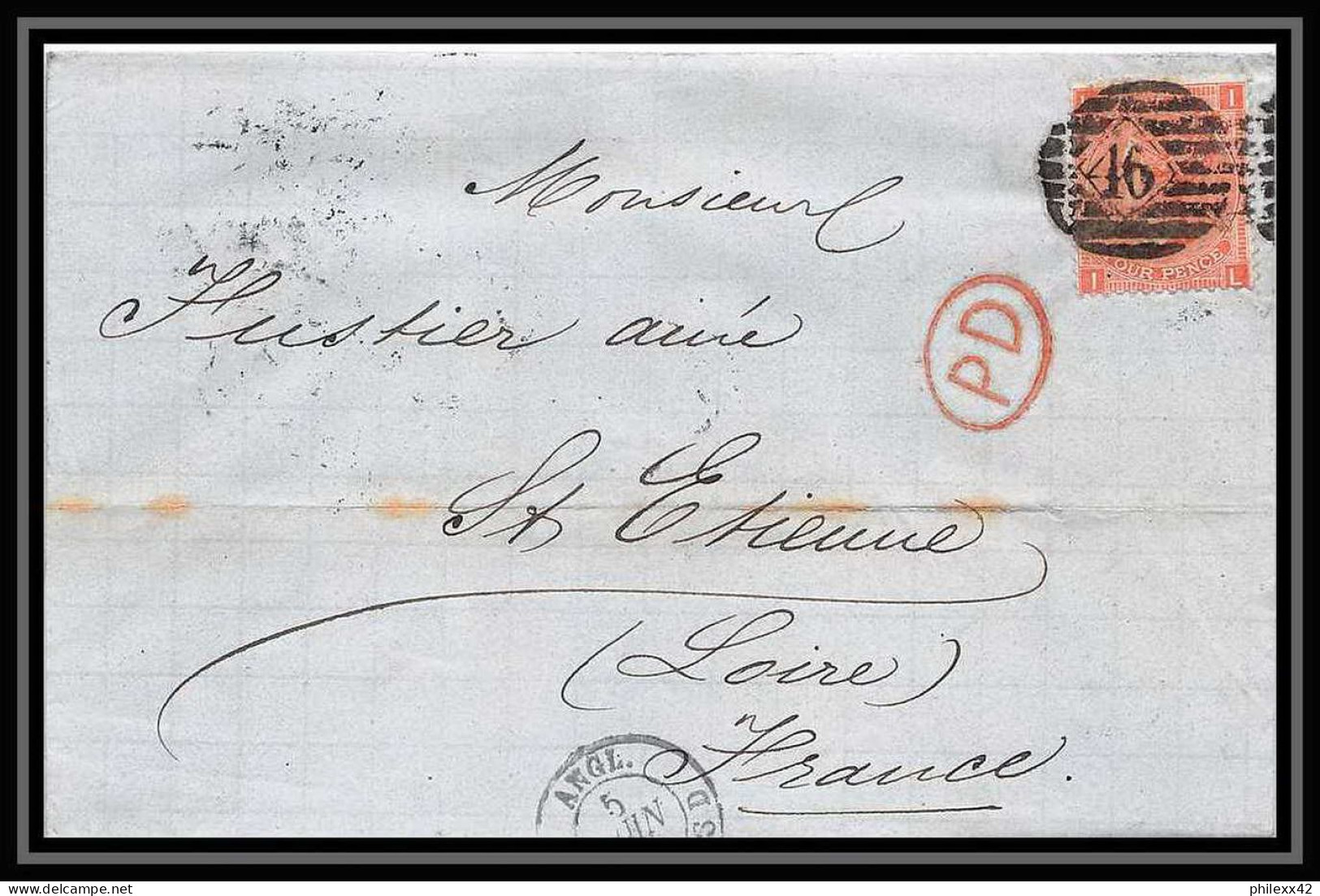 35650 N°32 Victoria 4p Red London St Etienne France 1867 Cachet 46 Lettre Cover Grande Bretagne England - Cartas & Documentos