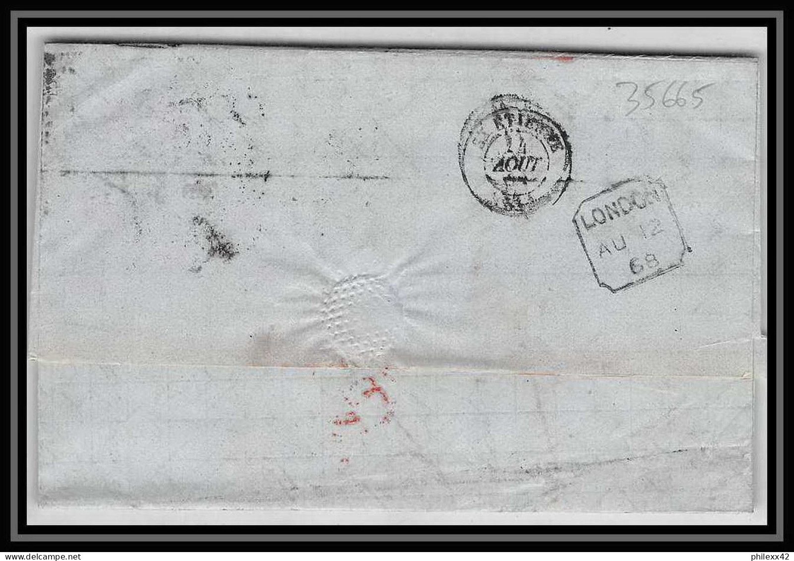 35665 N°32 Victoria 4p Red London St Etienne France 1868 Cachet 48 Lettre Cover Grande Bretagne England - Covers & Documents