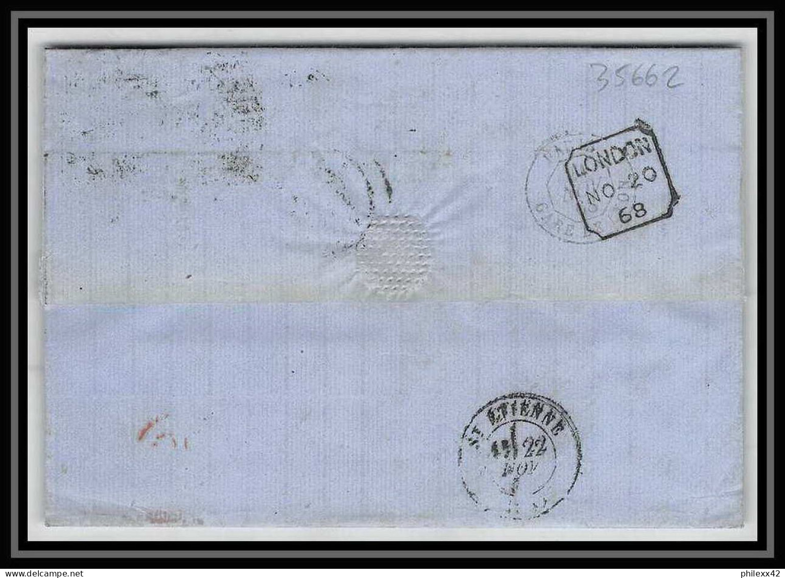 35662 N°32 Victoria 4p Red London St Etienne France 1868 Cachet 48 Lettre Cover Grande Bretagne England - Covers & Documents