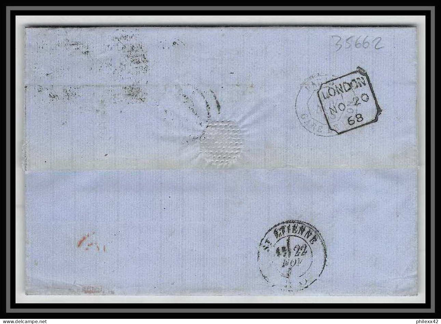 35662 N°32 Victoria 4p Red London St Etienne France 1868 Cachet 48 Lettre Cover Grande Bretagne England - Cartas & Documentos