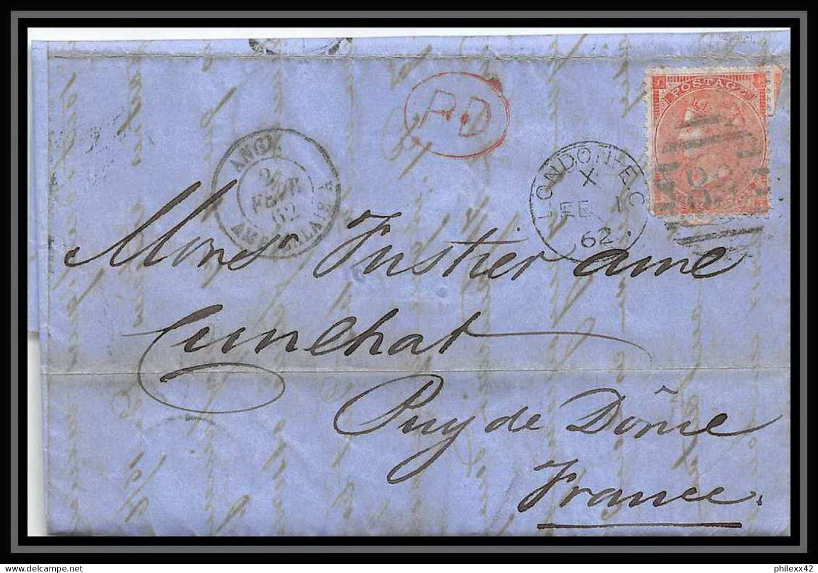 35785 N°32 Victoria 4p Red London St Etienne France 1862 Cachet 89 Lettre Cover Grande Bretagne England - Storia Postale