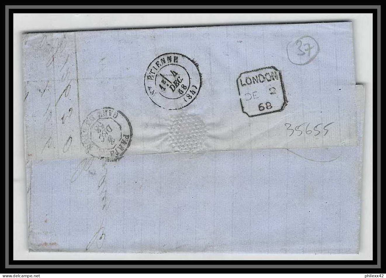 35655 N°32 Victoria 4p Red London St Etienne France 1868 Cachet 47 Lettre Cover Grande Bretagne England - Covers & Documents