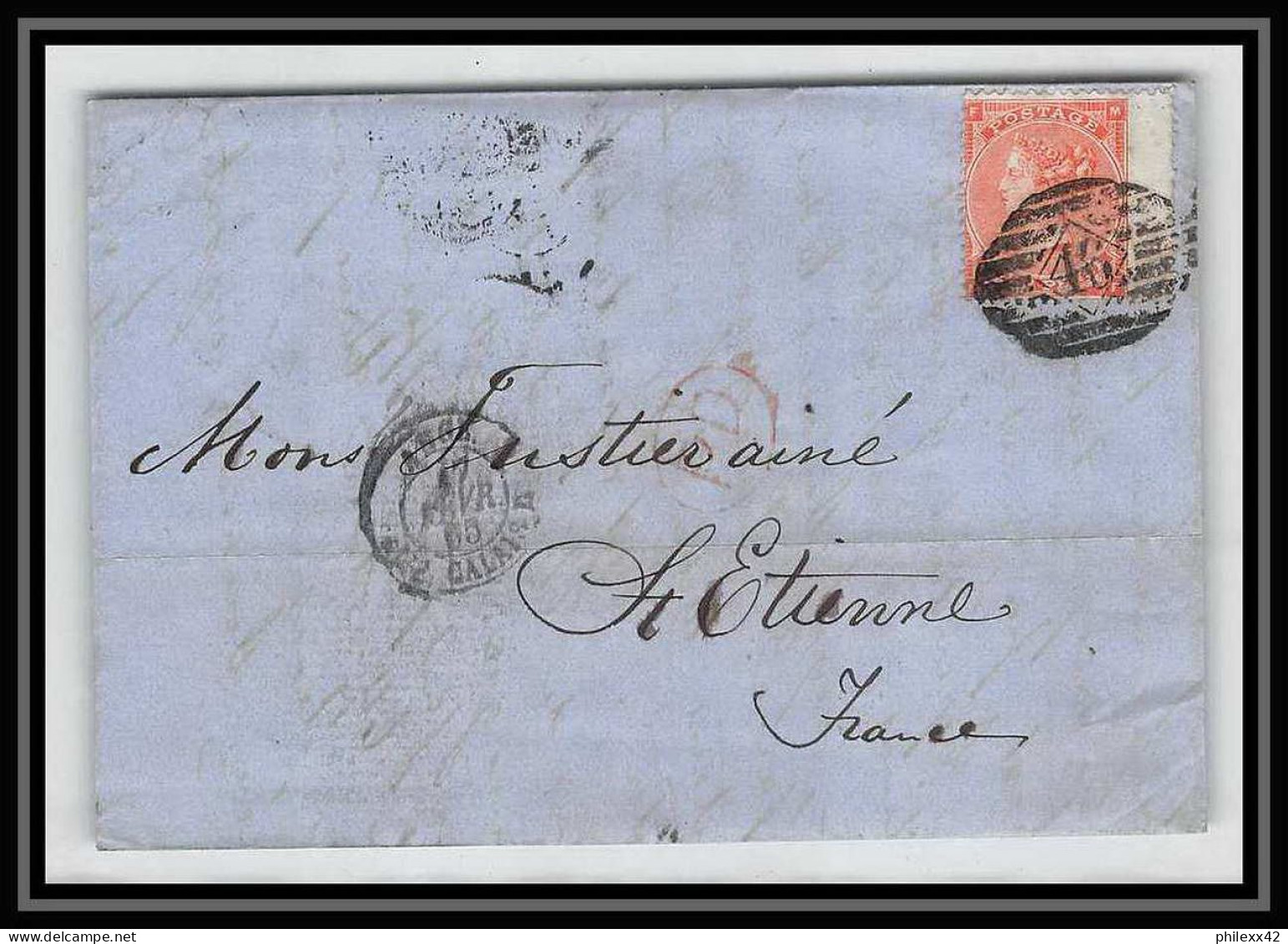 35642 N°32 Victoria 4p Red London St Etienne France 1865 Cachet 46 Lettre Cover Grande Bretagne England - Covers & Documents