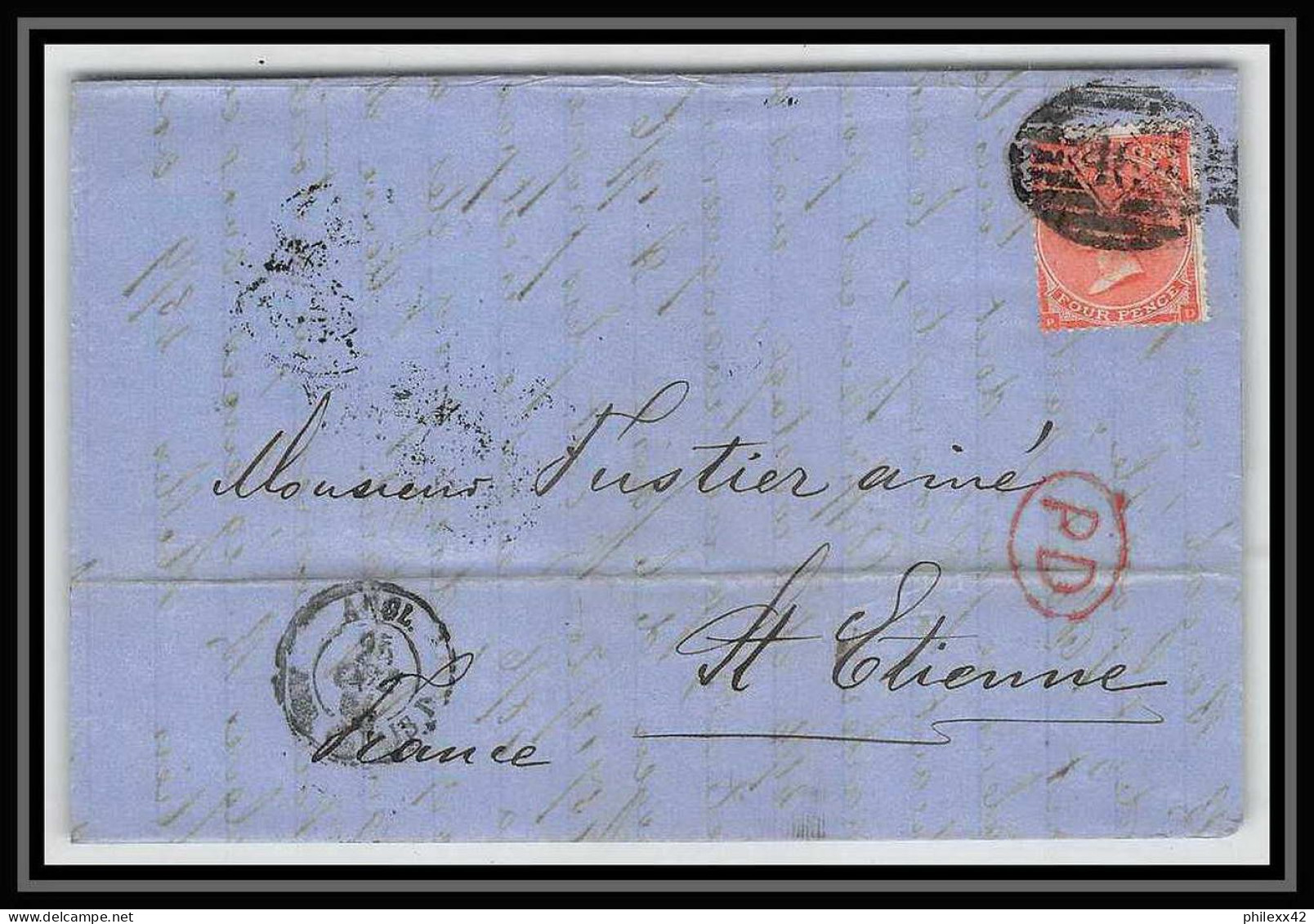 35652 N°32 Victoria 4p Red London St Etienne France 1864 Cachet 46 Lettre Cover Grande Bretagne England - Lettres & Documents