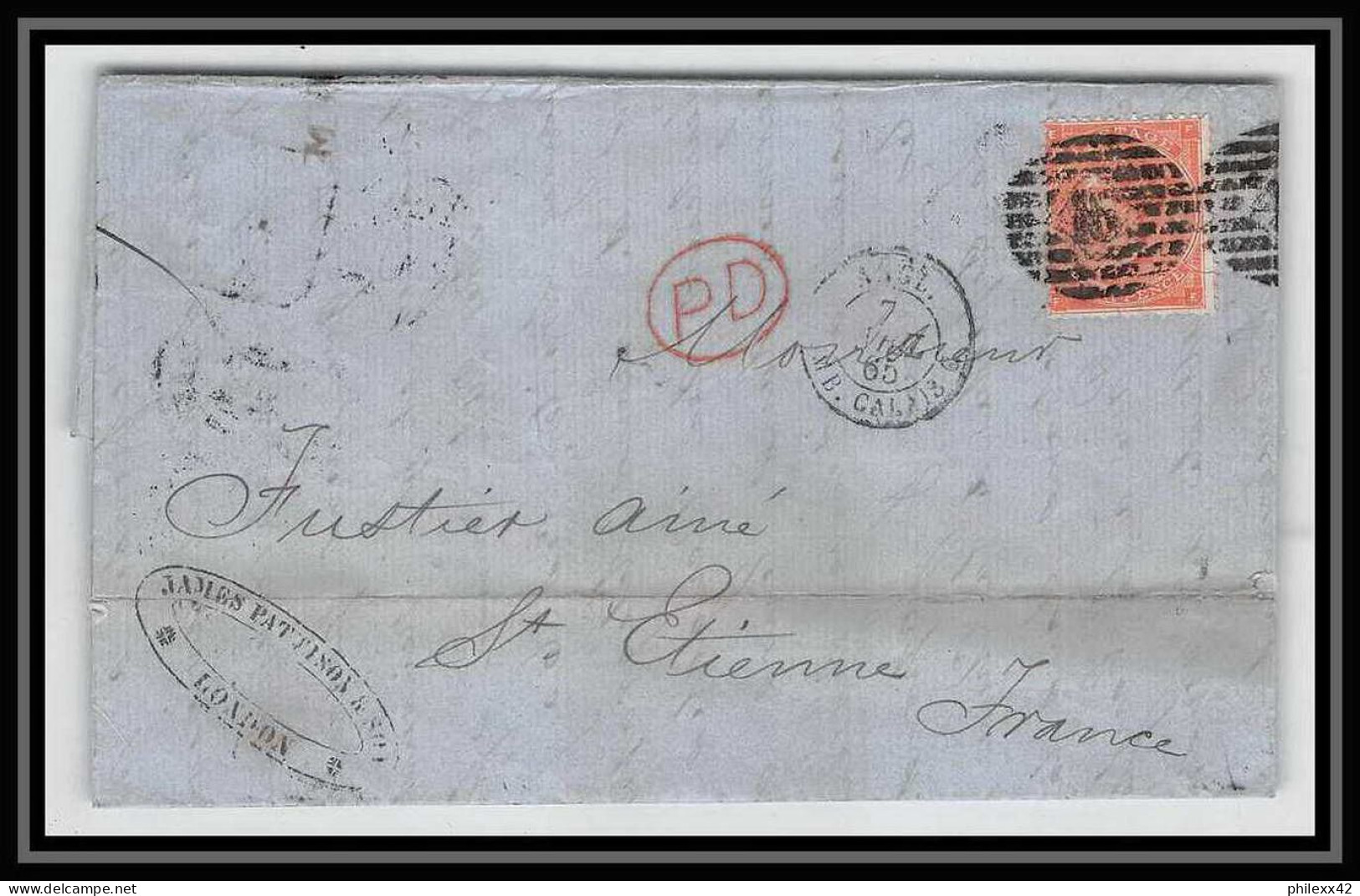 35645 N°32 Victoria 4p Red London St Etienne France 1865 Cachet 46 Lettre Cover Grande Bretagne England - Lettres & Documents