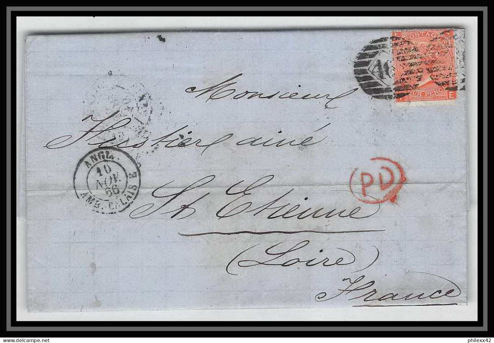 35636 N°32 Victoria 4p Red London St Etienne France 1866 Cachet 46 Lettre Cover Grande Bretagne England - Lettres & Documents