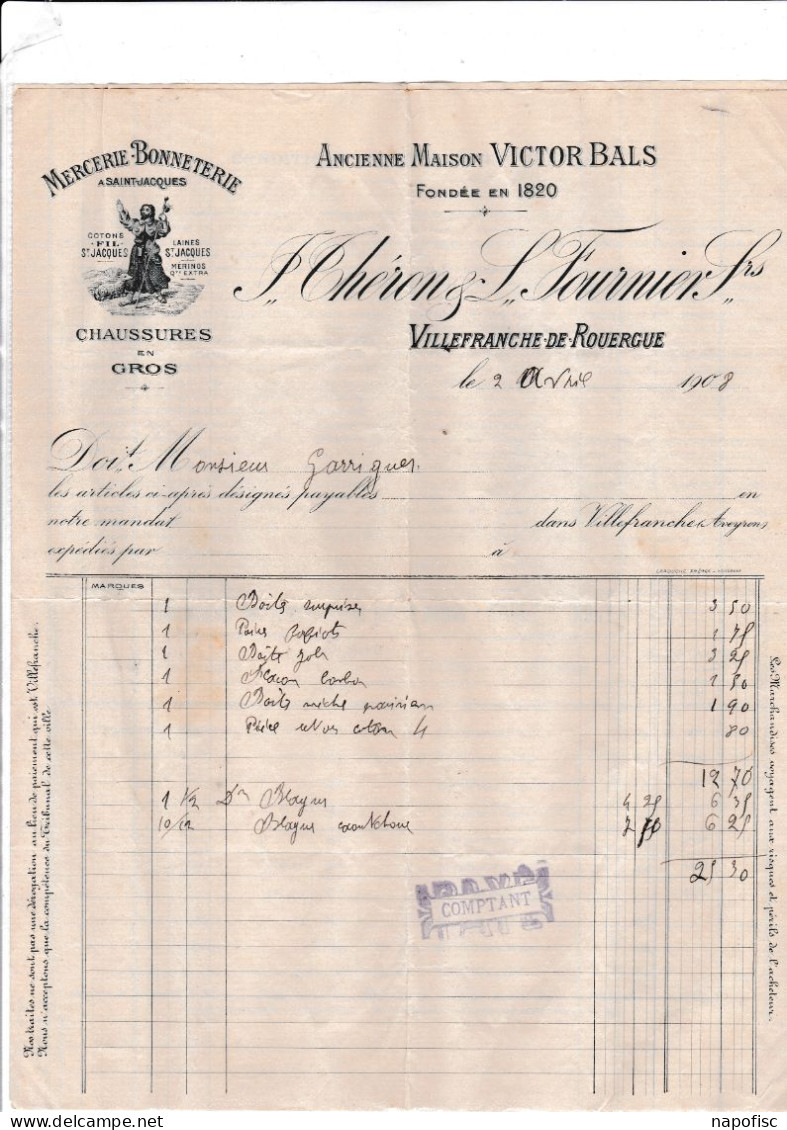 12-J.Théron & L.Fournier..Mercerie, Bonneterie.. Villefranche-de-Rouergue...(Aveyron)...1908 - Textile & Vestimentaire