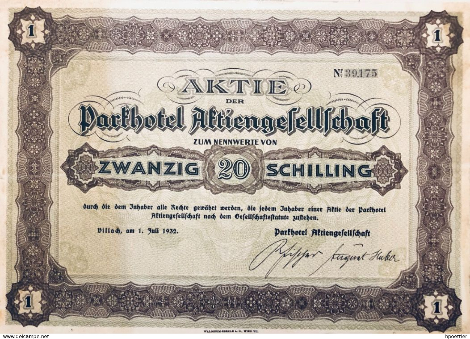 Autriche: Villach 1932: Un Action: Parkhotel Aktiengesellschaft 20 Schilling - Toerisme