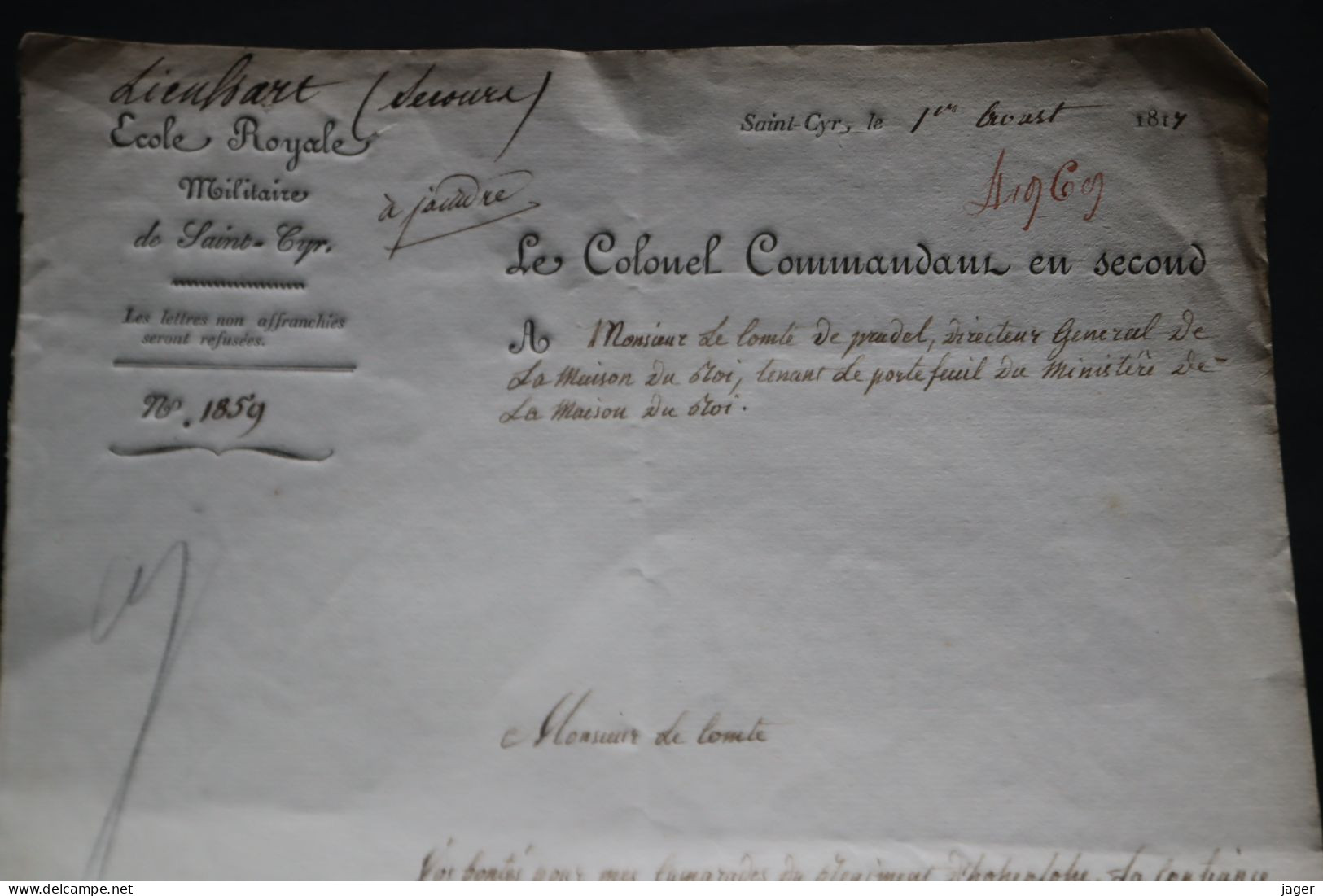1817  Ecole Royale Militaire De Saint Cyr Le Commandant En Second Autographe De Montalemberg - Documenti Storici