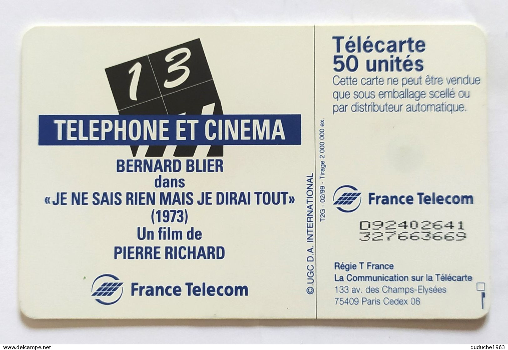 Télécarte France - Téléphone Et Cinéma - Bernard Blier - Sin Clasificación