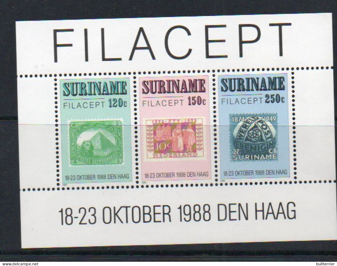 STAMPS ON STAMPS - SURINAM - 1988- FILACEPT SOUVENIR   MINT NEVER HINGED, SG CAT £18 - Timbres Sur Timbres