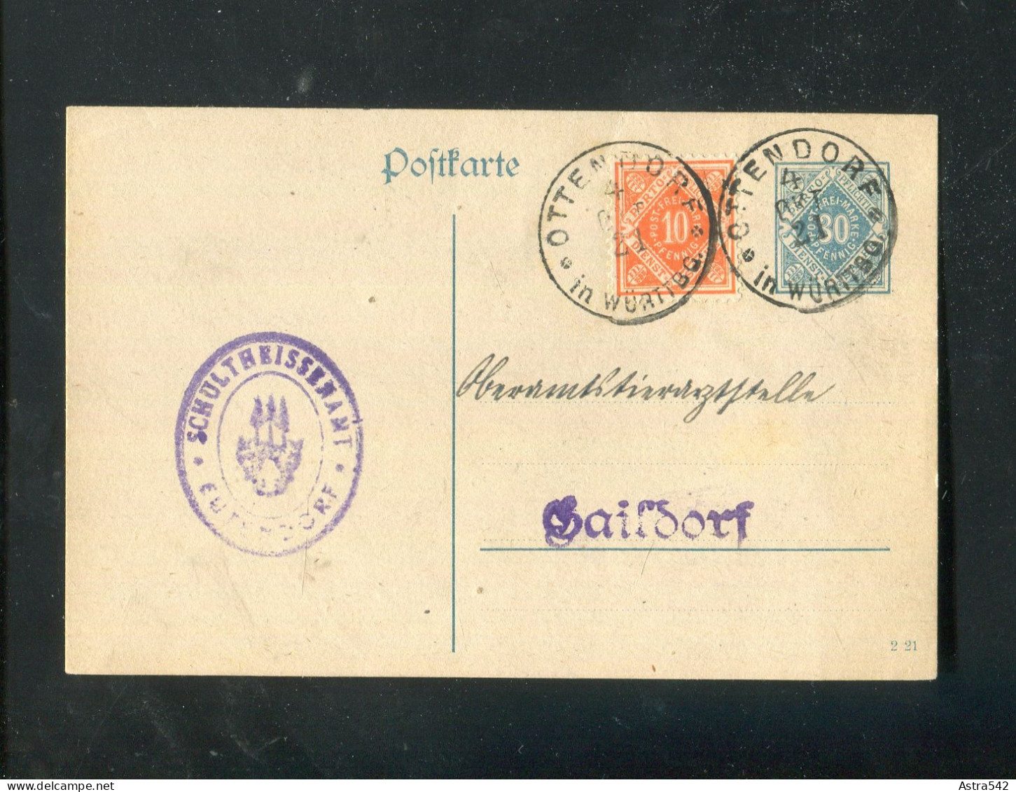 "DEUTSCHES REICH" 1922, Dienst-Postkarte Fuer Wuerttemberg Mi. DP 12/01 Mit Zusatzfrankatur K1 "OTTENDORF" (A1128) - Postcards