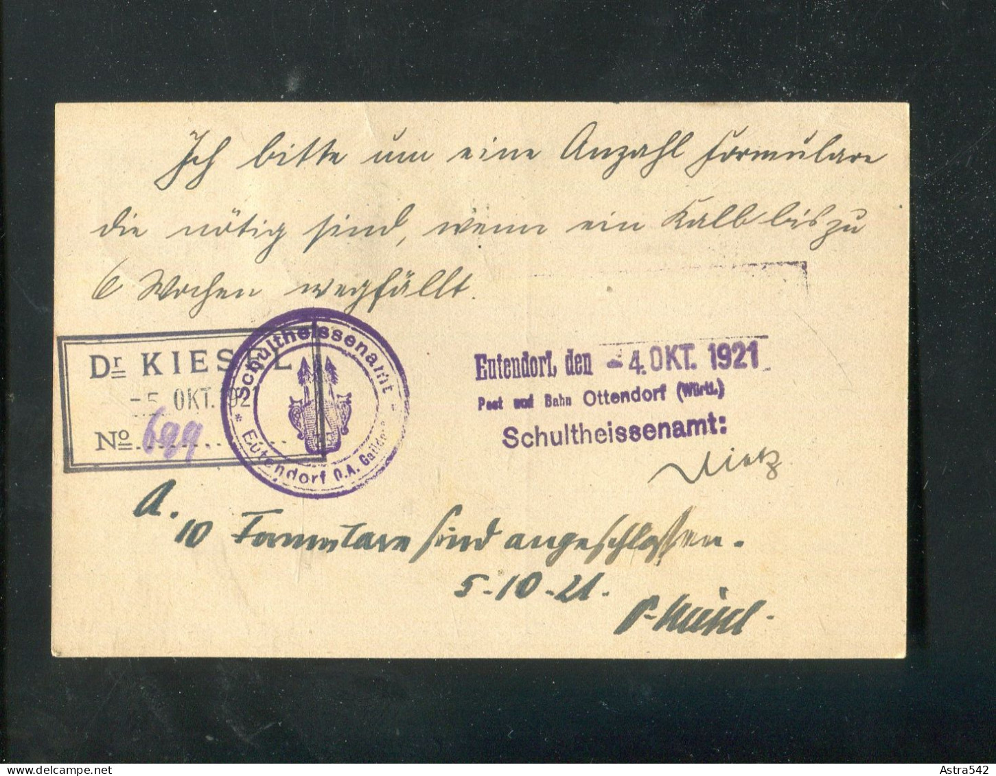 "DEUTSCHES REICH" 1922, Dienst-Postkarte Fuer Wuerttemberg Mi. DP 12/01 Mit Zusatzfrankatur K1 "OTTENDORF" (A1128) - Tarjetas