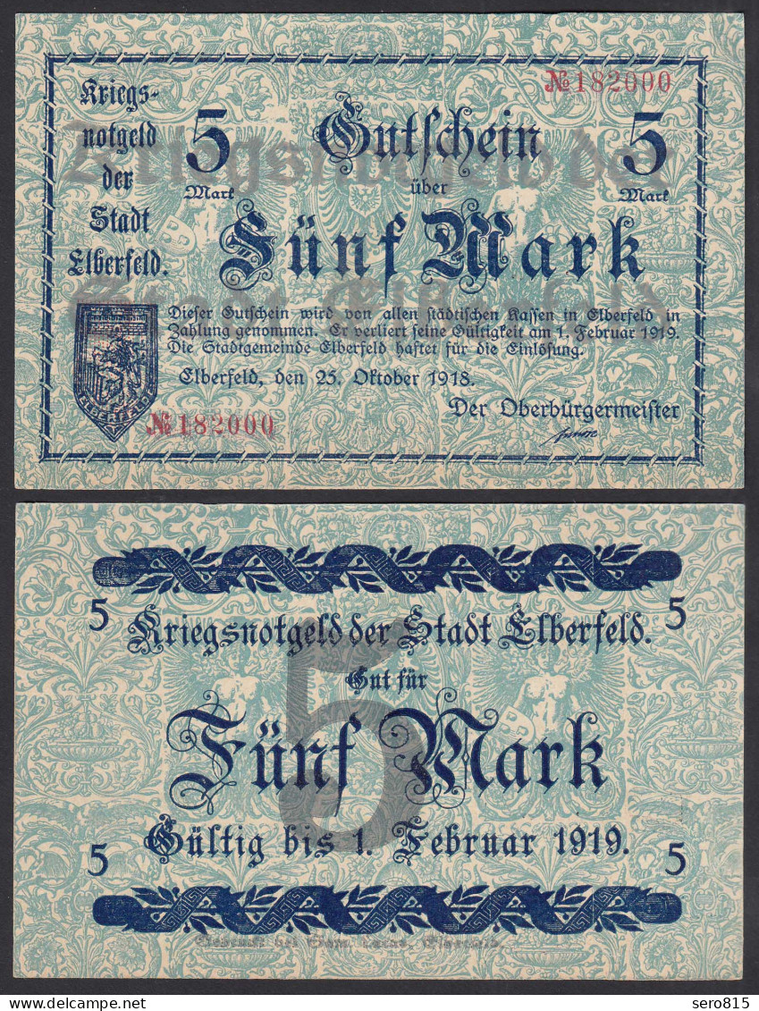 Elberfeld 5 Mark 1918 Kriegs-Notgeld-Gutschein-Schein    (31075 - Autres & Non Classés