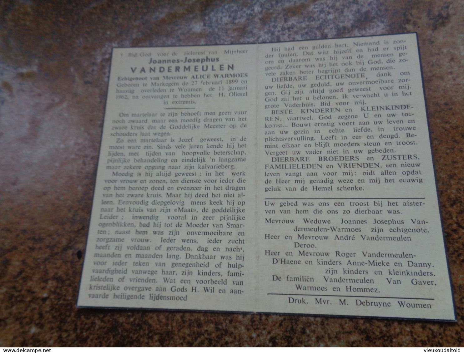 Doodsprentje/Bidprentje  Joannes-Josephus VANDERMEULEN  Markegem 1899-1962 Woumen (Echtg Alice WARMOES) - Autres & Non Classés